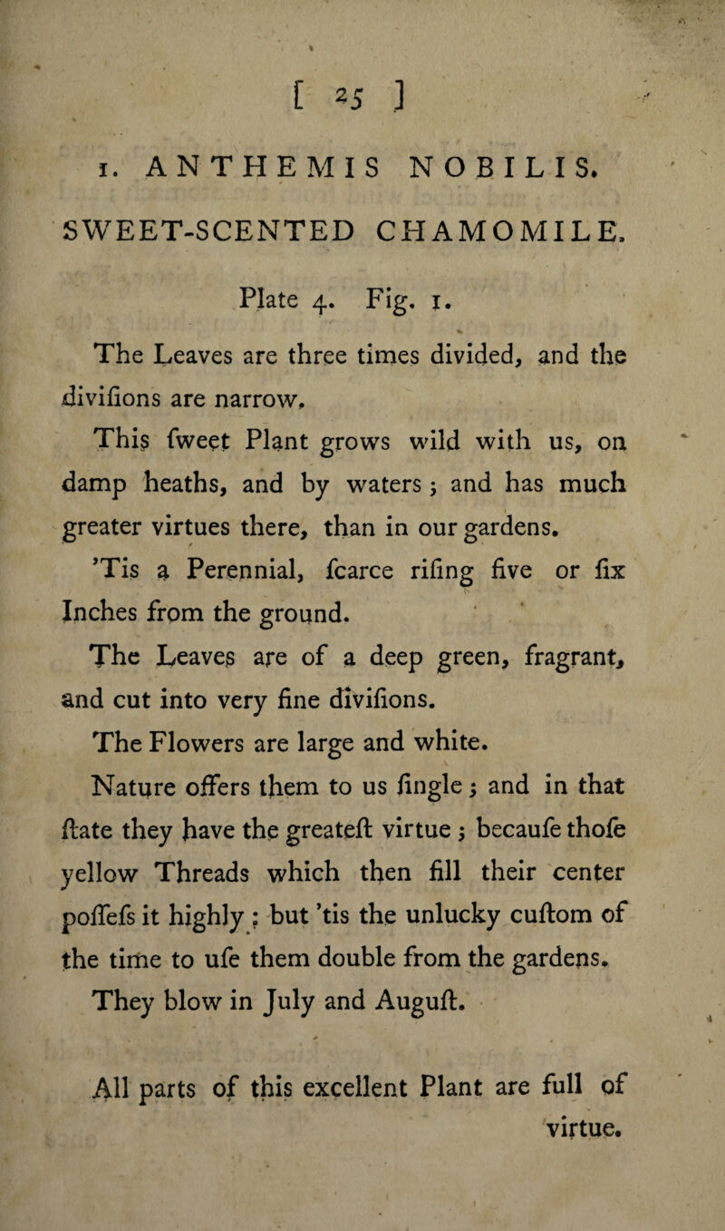 i. ANTHEMIS NOBILIS. SWEET-SCENTED CITAMOMILE, Plate 4. Fig, 1. % The Leaves are three times divided, and the divifions are narrow. This fweet Plant grows wild with us, on damp heaths, and by waters; and has much 1 greater virtues there, than in our gardens. ’Tis a Perennial, fcarce riling five or fix Inches from the ground. The Leaves are of a deep green, fragrant, and cut into very fine divifions. The Flowers are large and white. Nature offers them to us fingle; and in that ftate they have the greateft virtue; becaufe thofe yellow Threads which then fill their center polfefs it highly : but ’tis the unlucky cuftom of the time to ufe them double from the gardens. They blow in July and Auguft. All parts of this excellent Plant are full of virtue. 1