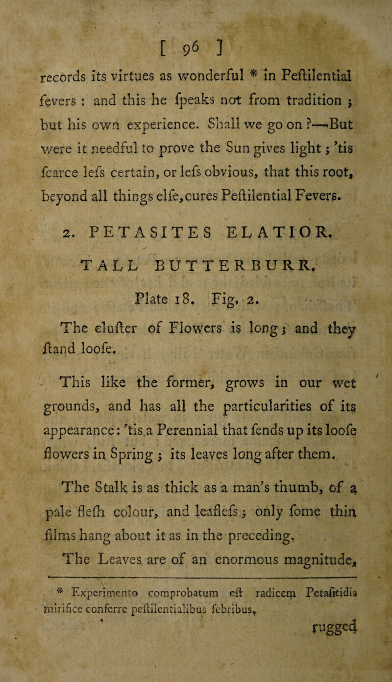 records its virtues as wonderful * in Peftilential fevers : and this he fpeaks not from tradition $ but his own experience. Shall we go on ?—-But V/ere it needful to prove the Sun gives light; ’tis fcarce lefs certain, or lefs obvious, that this root, beyond all things elfe,cures Peftilential Fevers. 2. PETASITES EL ATI OR. TALL BUTTERBUR R, Plate iS. Fig. 2. The duller of Flowers is long* and they ft and loofe. This like the former, grows in our wet grounds, and has all the particularities of its appearance: ftis.a Perennial that fends up its loofe flowers in Spring ; its leaves long after them. The Stalk is as thick as a man’s thumb, of 3 pale fiefti colour, and leaflefs; only fome thin films hang about it as in the preceding. The Leaves are of an enormous magnitude, * Experimento com probation eft radicem Petalkidis mirifice ccnfcrre peflilentialibus fcbribus, rugged