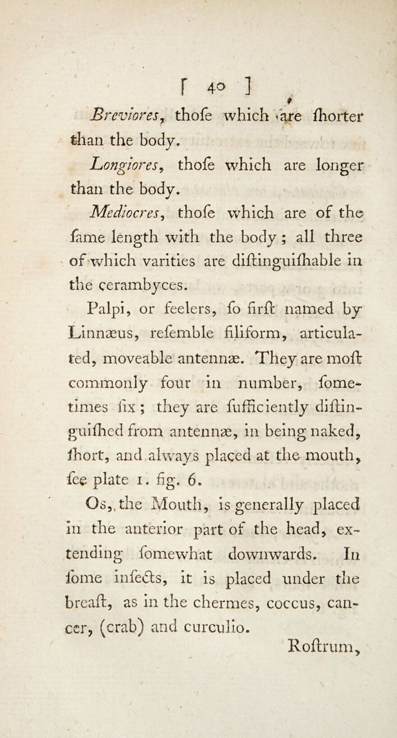 F 4^ ] Breviores, thofe which -are fhorter < i ' than the body. 1 Longiores, thofe which are longer than the body. Mediocres, thofe which are of the fame length with the body ; all three of which varities are difiinguifhable in the cerambyces. Palpi, or feelers, fo urii named by Linnaeus, referable filiform, articula¬ ted, moveable antennae. They are raoft commonly four in number, fome- times fix ; they are fufficiently diflin- guifhed from antennae, in being naked, fhort, and always placed at the mouth, fee plate 1. fig. 6. Os,, the Mouth, is generally placed in the anterior part of the head, ex¬ tending fomewhat downwards. In home infedts, it is placed under the breaft, as in the chermes, coccus, can¬ cer, (crab) and curculio. Roftrum, /