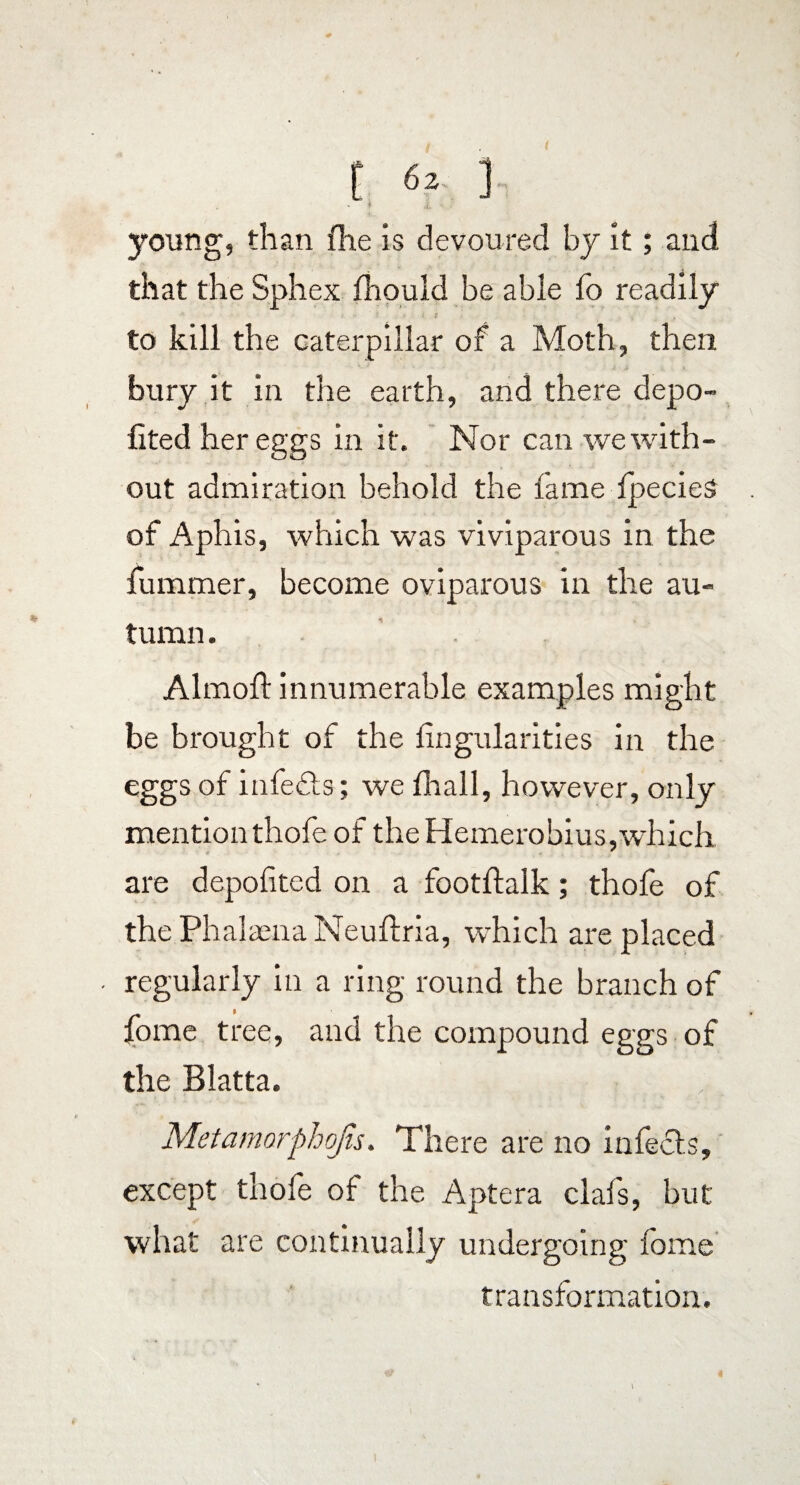 l 6z ] -k ; young, than fhe is devoured by it; and that the Sphex fhould be able fo readily to kill the caterpillar of a Moth, then ' ■ ‘ t ■ Jr .. * bury it in the earth, and there depo- fited her eggs in it. Nor can we with¬ out admiration behold the fame IpecieS of Aphis, which was viviparous in the fummer, become oviparous in the au¬ tumn . Almoft innumerable examples might be brought of the lingularities in the eggs of infects; we fhall, however, only mention thofe of theHemerobius,wrhich are depolited on a footftalk; thofe of the Phalaena Neuftria, which are placed regularly in a ring round the branch of fome tree, and the compound eggs of the Blatta. , . Met amorphojis. There are no infects, except thofe of the Aptera clafs, but what are continually undergoing iome transformation.