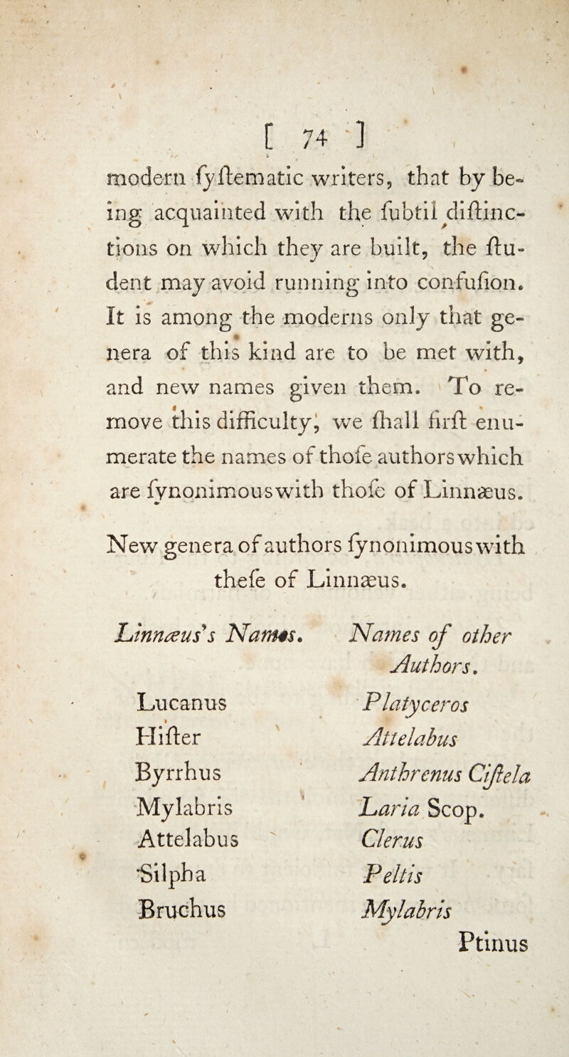 t ^ 1, modern lyftematic writers, that by be¬ ing acquainted with the fubtii ^liftinc- tions on which they are built, the ftu- dent may avoid running into confuhon. It is among the moderns only that ge- nera of this kind are to be met with, and new names given them. To re¬ move this difficulty, we (hall hr ft enu¬ merate the names of thofe authors which are fvnonimouswith thole of Linnaeus. A' New genera of authors fynonimous with thefe of Linnaeus. innteus s Namts. Names of other Authors. Lucanus Platyceros Hifter Attelabus Byrrhus Anthrenus Cifela Mylabris Laria Scop. Attelabus Cler.us 'Silpha Peltis Bruchus Mylabris Ptinus x-