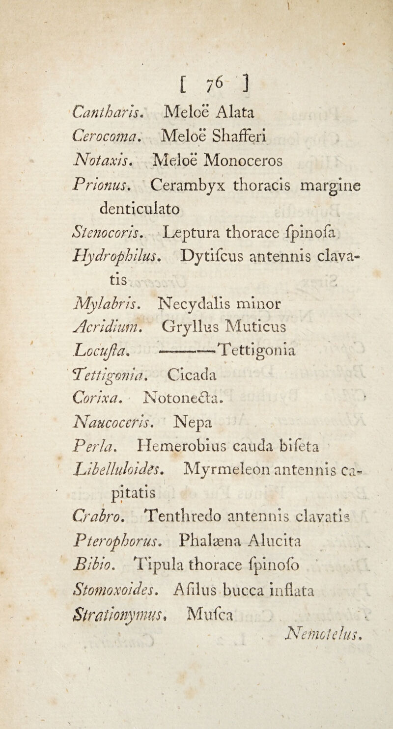 [ 7« ] Cantharis. Meloe Alata Cerocoma. Meloe Shaffeii Notaxis. Meloe Monoceros Prionus. Cerambyx thoracis margine denticulato Stenocoris. Leptura thorace fpinofa Hydrophilus. Dytifcus antennis clava¬ tis i •». Mylabris. Necydalis minor Acridium. Gryllus Muticus Locujla. -—Tetti gonia !Tettigmia. Cicada Corixa. - Notonefta. Naucoccris. Nepa Perla. Hemerobius cauda bifeta Libelluloides. Myrmeleon antennis ca- . pitatis Crabro. Tenthredo antennis clavatis Pterophorus. Phalrena Alucita Bibio. Tipula thorace fpinofo Stomoxoides. Aliius bucca inflata Sir at iony mus, Mufca Nemotelus,