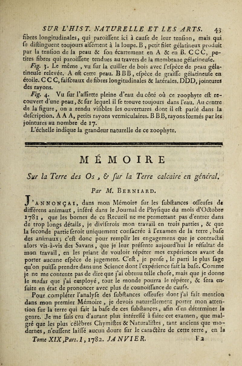 fibres longitudinales, qui paroifTent ici à caufe de leur tenfîon, mais qui fe diftinguent toujours aifément à la loupe. B , petit filet gélatineux produit par la tenlion de la peau 8c fon écartement en A 8c en B. CCC, pe¬ tites fibres qui paroifTent tendues au travers de la membrane gélatineule. Fig. 3. Le même , vu fur la cuiller de bois avec Tefpèce de peau géla- tineufe relevée. A eft cette peau. BBB, efpèce de graifTe gélatineule en étoile. CCC, faifeeaux de fibres longitudinales 8c latérales. DDD, jointures des rayons. Fig. 4. Vu fur l’aflîette pleine d’eau du côté où ce zoophyte eft re¬ couvert d’une peau, 8c fur lequel il fe trouve toujours dans l’eau. Au centre de la figure, on a rendu vifîbles les ouvertures dont il eft parié dans la defeription. A A A, petits rayons vermiculaires. BBB, rayons formés par les jointures au nombre de 17. L’échelle indique la grandeur naturelle de ce zoophyte. U1 MÉMOIRE Sur la Terre des Os ^ & fur la Terre calcaire en général. Far M. Berniard. Jf’ANNONÇAi, dans mon Mémoire furies fubftances offeufes de différens animaux , inféré dans le Journal de Phyfique du mois d’Oétobre 1781 , que les bornes de ce Recueil ne me permettant pas d’entrer dans de trop longs détails, je diviferois mon travail en trois parties, 8c que la fécondé partie feroit uniquement confacrée à l’examen de la terre , bafe des animaux-, c’eft donc pour remplir les engagemens que je contraélai alors vis-à-vis des Savans, que je leur préfente aujourd’hui le réfultat de mon travail, en les priant de vouloir répéter mes expériences avant de porter aucune efpèce de jugement. C’eft, je penfe , le parti le plus fage qu’on puifte prendre dans une Science dont l’expérience fait la bafe. Comme je ne me contente pas de dire que j’ai obtenu telle chofe, mais que je donne le modus que j’ai employé, tout le monde pourra le répéter, 8c fera en- fuite en état de prononcer avec plus de connoiffance de caufe. Pour compléter l’analyfe des fubftances offeufes dont j’ai fait mention dans mon premier Mémoire , je devois naturellement porter mon atten¬ tion fur la terre qui fait la bafe de ces fubftançes, afin d’en déterminer le genre. Je me fuis cru d’autant plus intéreffé à faire cet examen, que mal¬ gré que les plus célèbres Chymiftes 8c Naturaliftes, tant anciens que mo¬ dernes, n’euffent laiffé aucun doute fur le caractère de cette terre, en la