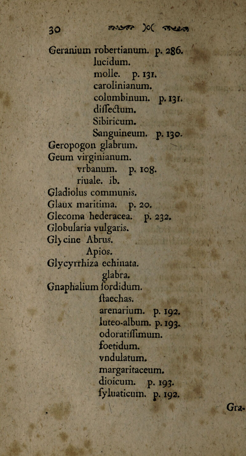 30 Geranium robertianum. p. 286. lucidum, molle, p. 131. carolinianum. columbinum, p. 131. difledhim. Sibiricum. Sanguineum, p. 130. Geropogon glabrum. Geum virginianum. , vrbanum. p. iog. riuale. ib. Gladiolus communis. Glaux maritima, p. 20. Glecoma hederacea, p. 232. Globularia vulgaris. Gl) cine Abrus. Apios. Glycyrrhiza echinata. glabra. Gnaphaliuin fofdidum. ilaechas. arenarium, p. 192. luteo-album. p. 193.. odoratiHimuin. foetidum, vndulatum. margaritaceum. dioicum. p. 193. fyluaticuin. p. 192. • V Gra- 1