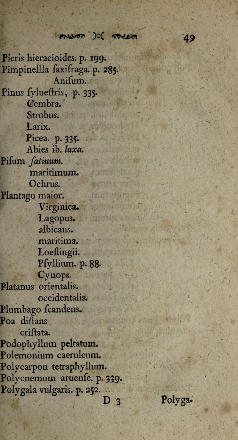 Picris hieracioides. p. 199. Pimpinelila faxifraga. p. 285* Anifum. Pinus fylueflris, p. 335. Gembra. Strobus. Larix. Picea, p. 335. Abies ib. laxa. Pifum fatiuum. maritimum. Ochrus. Plantago maior. Virginica. Lagopus. albicans. maritima. Loeflingii. Pfyllium. p. 88« Cynops. Platanus orientalis. occidentalis. Plumbago fcandens. Poa diftans cri flata. Podophyllum peltatum. Polemonium caeruleum. Polycarpon tetraphyllum. Polycnemum aruenfe. p. 339. Polygala vulgaris, p. 252. D 3 Polyga*