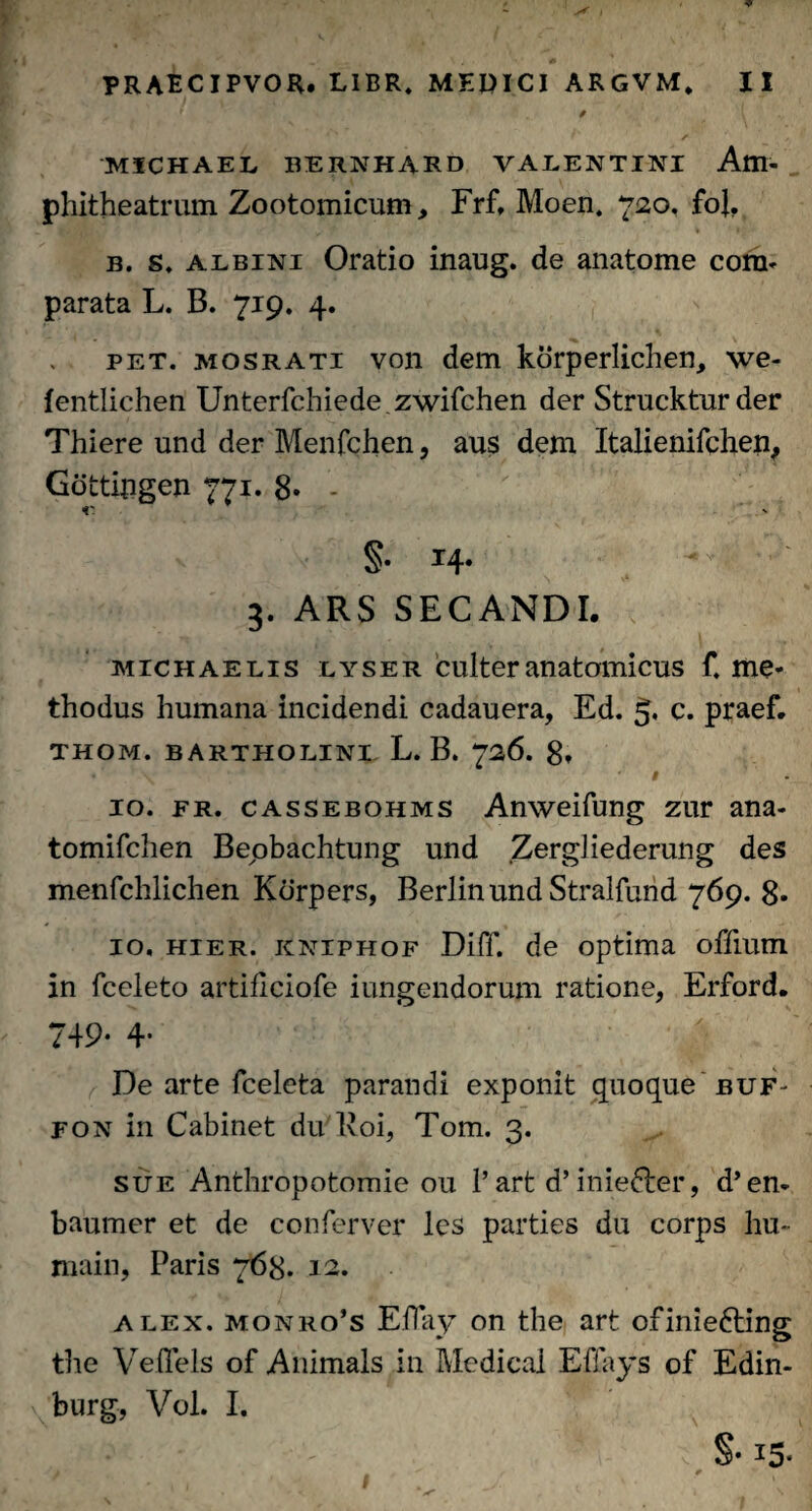 'MICHAEL BERNHARD VALENTINI Atti- phitheatrum Zootomicum, Frf, Moen. 720, foj, b. s. albini Oratio inaug. de anatome cora* parata L. B. 719. 4. pet. mosrati von dem korperlichen, we- fentlichen Unterfchiede zwifchen der Struckturder Thiere und der Menfchen, aus dem Italienifchen, Gottipgen 771. 8. S- 14- ^ ' 3. ARS SECANDI. michaelis lyser culter anatomicus f. me¬ thodus humana incidendi cadauera, Ed. 5* c. praef. THOM. BARTHOLINI L. B. 726. 8» • ' # 10. fr. cassebohms Anweifung zur ana- tomifclien Beobachtung und Zergliederung des menfchlichen Kcirpers, BerlinundStralfund 769. 8- 10. hier, kniphof Diff. de optima offium in fceleto artificiofe iungendorum ratione, Erford. 749- 4’ De arte fceleta parandi exponit quoque buf* fon in Cabinet du Eoi, Tom. 3. sue Anthropotomie ou l’art d’iniefter, d’en- baumer et de confer ver les parties du corps hu~ main, Paris 763. 12. alex. monro’s EfTay on the art ofiniefting the Veffels of Animals in Mcdical Effays of Edin- burg, Vol. I. S* I5*