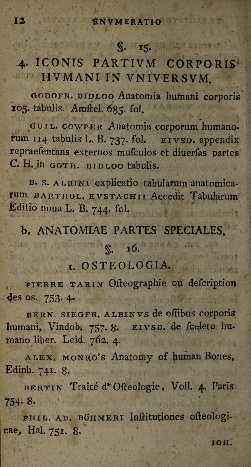 - »1 12 ENVMERATIO §• 15- 4. ICONIS PARTIVM CORPORIS HVMANI IN VNIVERSVM. godofr. bidloo Anatomia humani corporis 105. tabulis. Amftel. 685. fol. guiL. cowper Anatomia corporum humano¬ rum 114 tabulis L. B. 737. fol. eivsd. appendix repraefentans externos mufculos et diuerfas partes C. H. in goth. bidloo tabulis. b. s. albini explicatio tabularum anatomica¬ rum barthol. EvsTACHii Accedit Tabularum Editio noua L. B. 744. fol. b. ANATOMIAE PARTES SPECIALES. §• i6' x. OSTEOLOGIA. -piERRE tarin Ofteographie ou defcription des os. 753. 4. bern, siegfr. albinvs de offibus corporis humani, Vindob. 757. 8- eivsd. de fceleto hu¬ mano liber. Leid; 762. 4. alex. monro’s Anatomy of human Bones, Edinb. 741. 8- bertin Traite dy Ofteologie, Voll. 4. Paris 754*8- phil. ad, BbHMERi Inilitutiones ofteologi- 1 cae, Hal, 751. 8- 1 IOH.