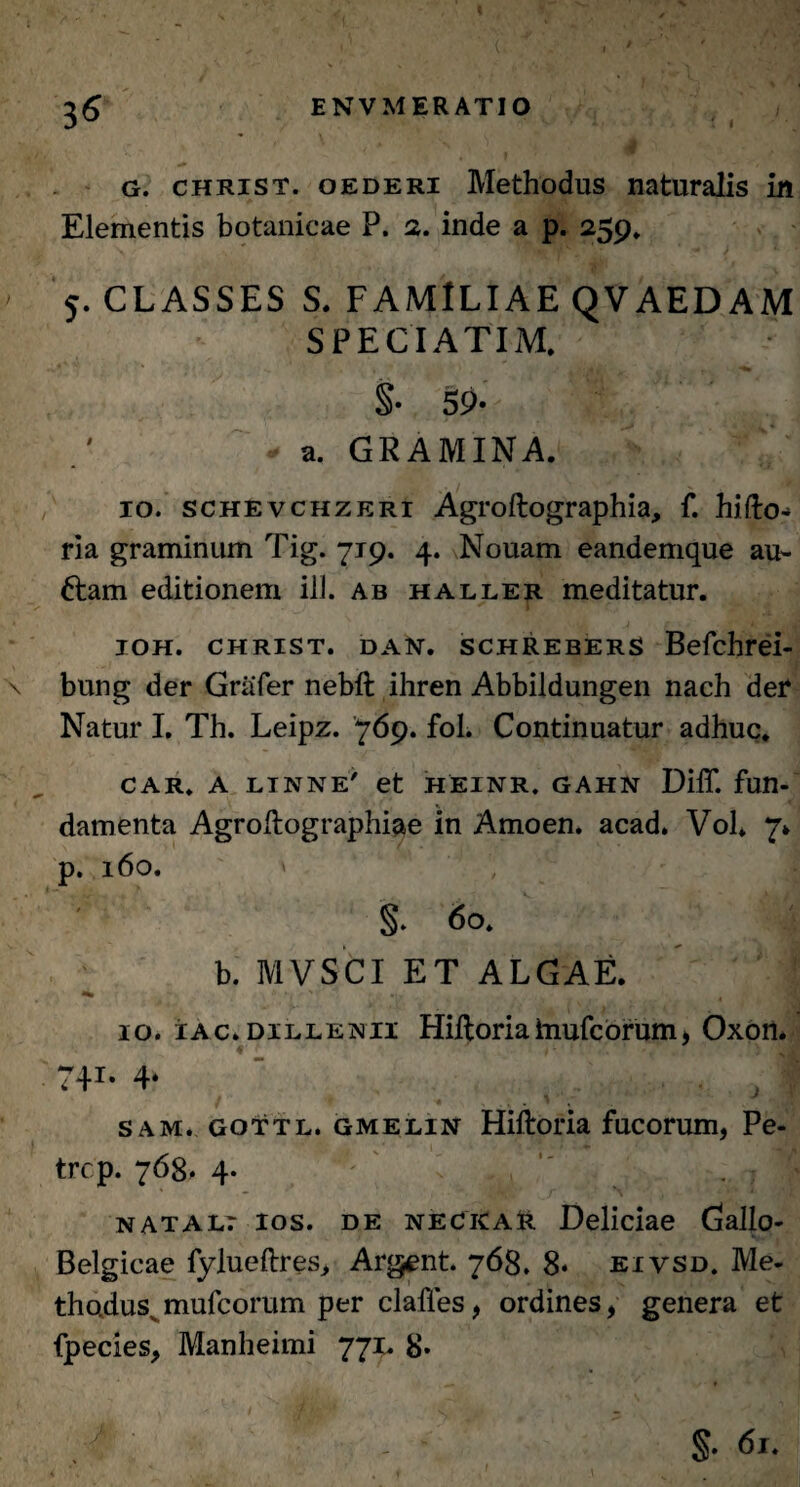 G. christ. oederi Methodus naturalis in Elementis botanicae P. 2. inde a p. 259, 5. CLASSES S. FAMILIAE QVAEDAM SPECIATIM. §• 59- a. GRAMINA. 10. schevchzeri Agroftographia, f. hifto-» ria graminum Tig. 719. 4. Nouam eandemque au- 6tam editionem ilJ. ab haller meditatur. ioh. christ. dan, schrebers Befchrei- bung der Grafer nebft ihren Abbildungen nach dei4 Natur I, Th. Leipz. 769. fol. Continuatur adhuc. car. a linne' et heinr, gahn DilT. fun¬ damenta Agrodographiae in Amo en. acad. Vol. 7» p. 160. ' §. 60. b. MVSCI ET ALGAE. 10. iac» dillenii Hidoriainufcorum, Oxon. 74r- 4* ^ % > r sam. gottl. gmelin Hiftoria fucorum, Pe- trcp. 768. 4. natal; ios. de necicaR Deliciae Gallo- Belgicae fylueftres, Argent. 768. 8. eiysd, Me- tho.dusv mufcorum per clades, ordines, genera et fpecies> Manheimi 771. 8* S- 61.