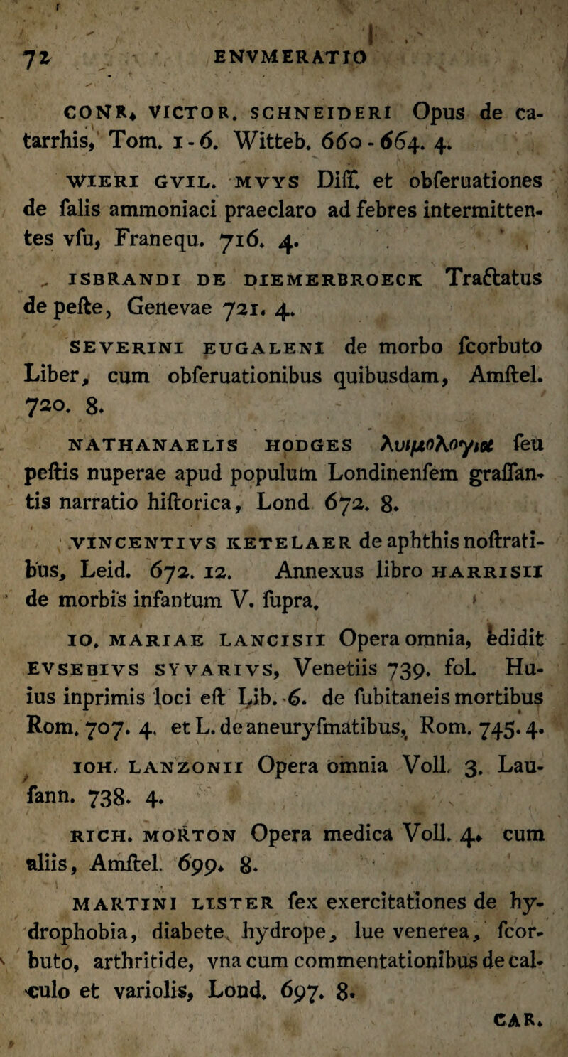 r i ' h . ' I 72 ENVMERATIO x • • A •*'’ ! * CONRt VICTOR. SCHNEIDERI OpuS de Ca- tarrhis, Tom. 1-6. Witteb. 660-664. 4. wieri gvil. mvys DilF. et obferuationes de falis ammoniaci praeclaro ad febres intermitten¬ tes vfu, Franequ. 716. 4. ^ isbRandi de diemerbroeck Traftatus depelle, Genevae 721, 4, severini eugaleni de morbo fcorbuto Liber, cum obferuationibus quibusdam, Amftel. 720. 8* V N ATHANAE LIS HODGES XvipOKoyiU feU pellis nuperae apud populum Londinenfem graflan- tis narratio hillorica, Lond 672. 8* vincenti vs ketelaer de aphthis nollrati- bus, Leid. 672. 12. Annexus libro harrisii de morbis infantum V. fupra. < 10. mariae lancisii Opera omnia, bdidit evsebivs syvarivs, Venetiis 739. fol. Hu¬ ius inprimis loci ell I^ib. de fubitaneis mortibus Rom. 707. 4, et L. de aneuryfmatibus,( Rom. 745.4, ioh, LANZONii Opera omnia Voll, 3. Lau- fann. 738* 4. rich. morton Opera medica Voll. 4* cum aliis, Amilel. 699* g. Marti ni l Ister fex exercitationes de hy¬ drophobia, diabetev hydrope, lue venerea, fcor¬ buto, arthritide, vna cum commentationibus de cal¬ cio et variolis, Lond. 697. 8- CAR»