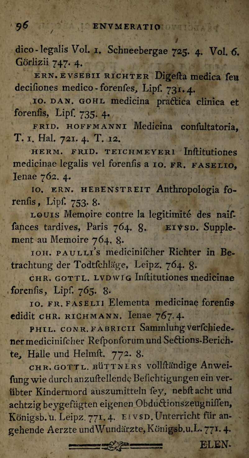 ' 9^ ENVMERATIO / • *• N f/. , ^ W r dico - legalis Vol. i. Schneebergae 725. 4. Vol. 6. Gorlizii 747. 4. ern.evsebii richter Digefta medica feu decifiones medico - forenfes, Lipf. 731.4, ,10. dan, gohl medicina pradtica clinica efc forenfis, Lipf. 735. 4. \ frid. hoffmanni Medicina confultatoria, T. 1. Hal. 721. 4. T. 12. HERM. FRID. TEICHMEYER1 Inftitutiones medicinae legalis vel forenfis a 10. fr. faselio, lenae 762. 4. 10. ern. hebenstreit Anthropologia fo¬ renfis , Lipf. 753. 8. louis Memoire contre la legitimite des naif- fances tardives, Paris 764, 8, eiVsd. Supple- ment au Memoire 764. 8* ioh. paullis medicinifcher Richter in Be- , trachtung der Todtfchlage, Leipz. 764. 8. chr. gottl. lvdwig Inftitutiones medicinae .forenfis, Lipf. 765. 8* 10. fr. faselii Elementa medicinae forenfis edidit chr. richmann, lenae 767.4* phil. conr.fabricii Sammlungverfchiede- ner medicinifcher Refponforumund Seftions-Berich- te, Halle und Helmft, 772. 8. chr. gottl. buttners vollftandige Anwei- fung wie durch anzuftellende Befichtigungen ein ver- ubter Kindermord auszumitteln fey, nebit acht und achtzig beygefiigten eigenen Obdu6tionszeugniilen, Konigsb. u. Leipz. 771.4. e 1 vsd. Unterricht fur an- : gehende Aerzte undWundarzte, Konigsb.u.L. 771.4. rmarrrr:d^^-^ . — J ELEN-