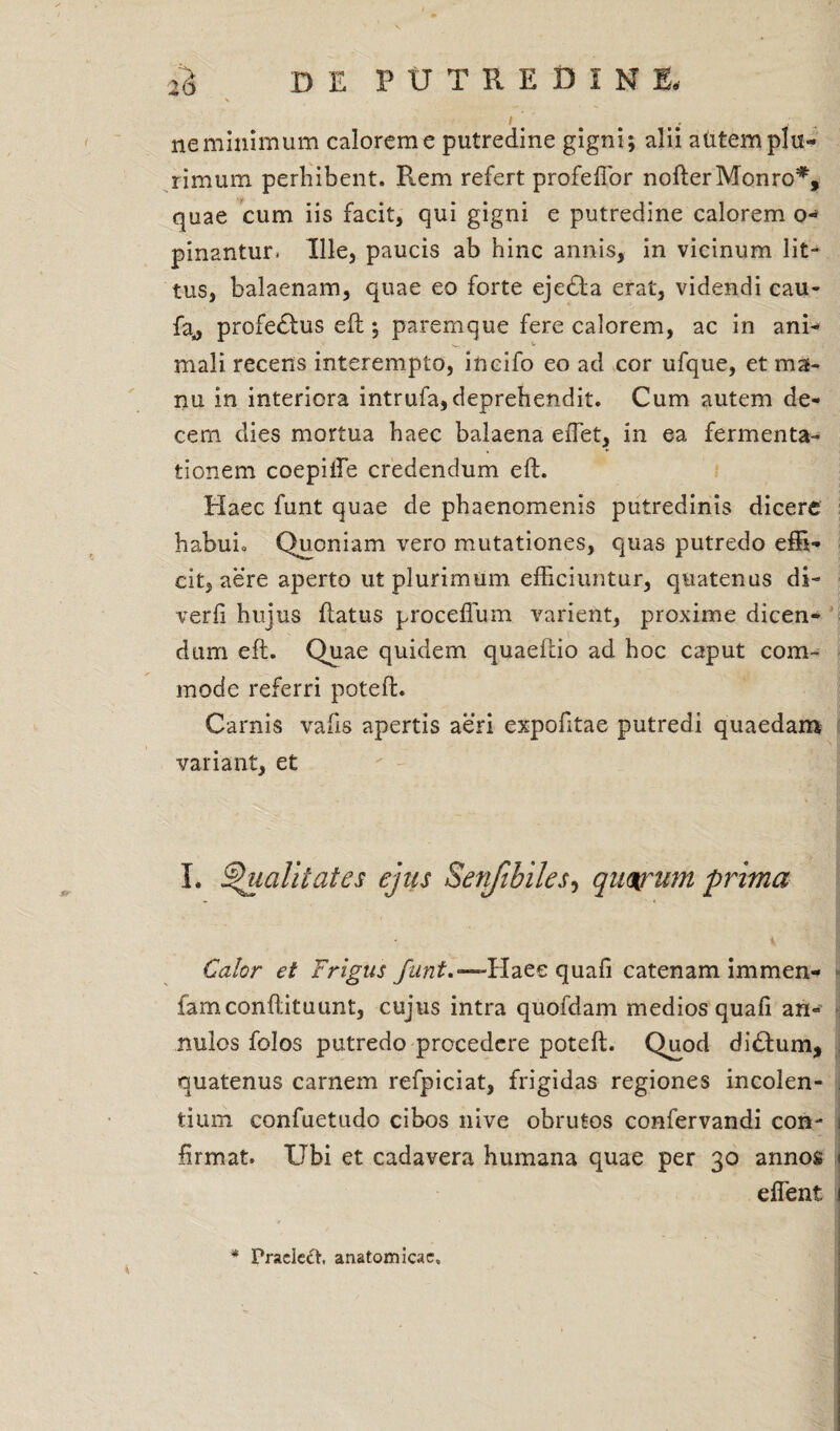ne minimum calorem e putredine gigni; alii autem plu¬ rimum perhibent. Rem refert profeffor nofterMcnro*, quae cum iis facit, qui gigni e putredine calorem o- pinantur. Ille, paucis ab hinc annis, in vicinum lit- tus, balaenam, quae eo forte ejedla erat, videndi cau- fa^ profectus eft; parernque fere calorem, ac in ani¬ mali recens interempto, incifo eo ad cor ufque, et ma¬ nu in interiora intrufa,deprehendit. Cum autem de¬ cem dies mortua haec balaena effet, in ea fermenta- tionem coepilfe credendum eft. Haec funt quae de phaenomenis putredinis dicere habui* Quoniam vero mutationes, quas putredo effi¬ cit, aere aperto ut plurimum efficiuntur, quatenus di- verfi hujus ftatus proceffum varient, proxime dicen¬ dum eft. Quae quidem quaeftio ad hoc caput com¬ mode referri poteft. Carnis vafis apertis aeri expofitae putredi quaedam variant, et I. Squalitates ejus Senfibiles, quwum prima Calor et Frigus funt.—Flazz quafi catenam immen- famconftituunt, cujus intra quofdam medios quafi an- nulos folos putredo procedere poteft. Q^od di£tum, quatenus carnem refpiciat, frigidas regiones incolen¬ tium confuetudo cibos nive obrutos confervandi con¬ firmat. Ubi et cadavera humana quae per 30 annos l| effent 1 Praeleft. anatomicae.