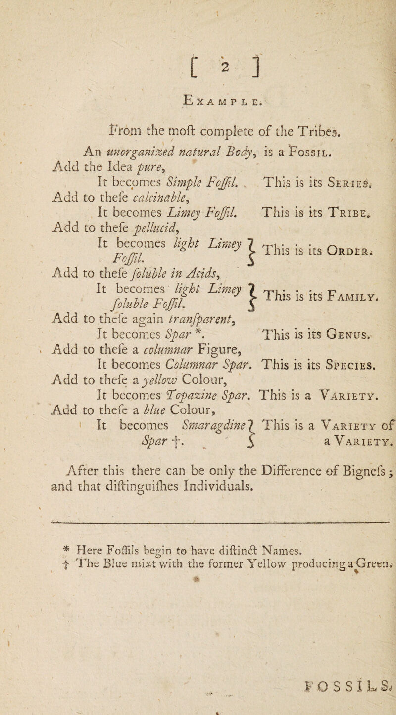 [ 2- ] H V Example. From the moft complete of the Tribes. An unorganized natural Body, is a Fossil. Add the Idea pure. It becomes Simple Fojfil. This is its Series. Add to thefe c alcin able. It becomes Limey Fojfil. This is its Tribe, Add to thefe pellucid, It Add to thefe foluble in Acids, It becomes light Limey 1 t-l* * t» r 7 7 7 rry > l his IS Its rAMJLY. joluble BoJjiL 5 Add to thefe again transparent. It becomes Spar *. This is its Genus. Add to thefe a columnar Figure, It becomes Columnar Spar. This is its Species. Add to thefe ayellow Colour, It becomes Fopazine Spar. This is a Variety. Add to thefe a blue Colour, It becomes Smaragdine^ This is a Variety of Spar f. 5 a Variety. After this there can be only the Difference of Bignefs; and that diftinguifhes Individuals. becomes light Limey £ This i$ i£s QRDERi rojfil. * Here Foffils begin to have diftinffb Names, f The Blue mixtwith the former Yellow producing a Green. # F O S S I L S, i
