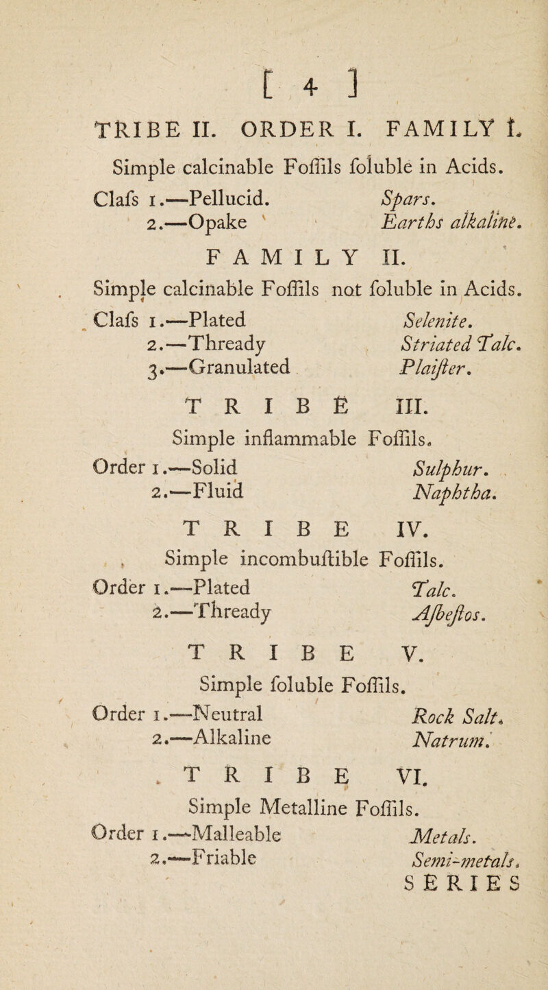 I TRIBE II. ORDER I. FAMILY I. Simple calcinable Foffils foluble in Acids. Clafs i.—Pellucid. Spars. 2—Op ake Earths alkaline. FAMILY II. Simple calcinable Foffils not foluble in Acids. Clafs i.—Plated Selenite. 2. —Thready Striated Talc. 3. —Granulated Plaijler. TRIBE III. Simple inflammable Foffils. Order 1.—Solid Sulphur. 2.—Fluid Naphtha. TRIBE IV. Simple incombuftible Foffils. Order 1.—Plated Talc. 2.—Thready Ajbejlos. TRIBE V. Simple foluble Foffils. Order 1.—Neutral Rock Salt. 2.—Alkaline Natrum. .TRIBE VI. Simple Metalline Foffils. Order 1 .-—Malleable Metals. 2.—-friable Semi-metals. SERIES