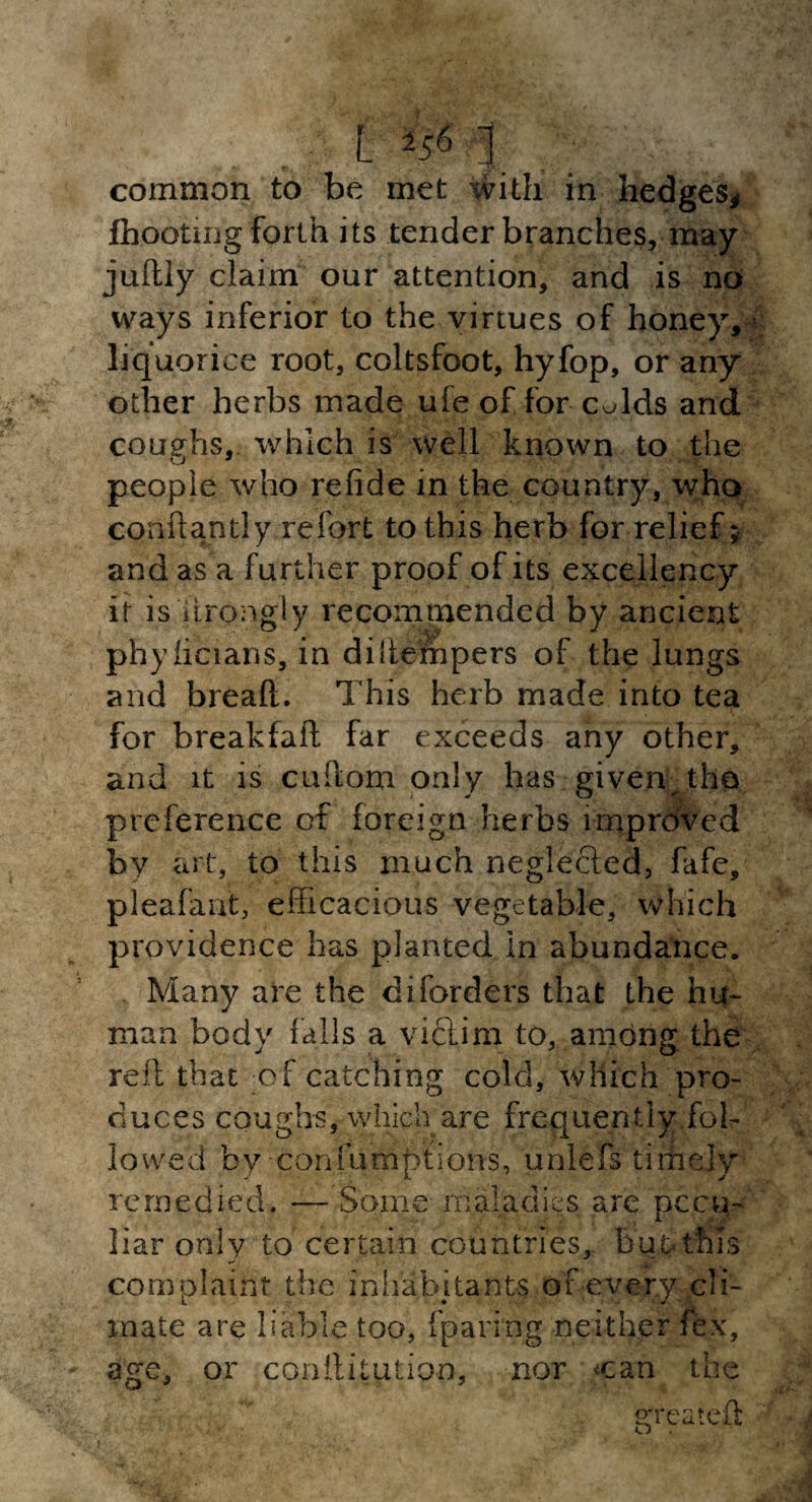 L *5«1. . common to be met with in hedges* fhootmg Forth its tender branches, may juftly claim our attention, and is no ways inferior to the virtues of honey,- liquorice root, coltsfoot, hyfop, or any other herbs made ufeof for cMds and coughs, which is well known to the people who refide in the country, who coaftantly refort to this herb for relief; and as a further proof of its excellency it is iirongiy recommended by ancient phylicians, in difterhpers of the lungs and bread. This herb made into tea for breakfaft far exceeds any other, and it is cuftom only has given the preference cf foreign herbs improved by art, to this much neglected, fafe, pleafant, efficacious vegetable, which providence has planted In abundance. Many are the diforders that the hu¬ man body falls a victim to, among the reft that of catching cold, which pro¬ duces coughs, which are frequently fol¬ lowed by cornumptions, unlefs timely remedied. — Some maladies are nccu- *• .••y liar only to certain countries, buDtfns complaint the inhabitants of every cli¬ mate are liable too, {'paring neither fex, age, or conftitiition, nor can the srreateft O