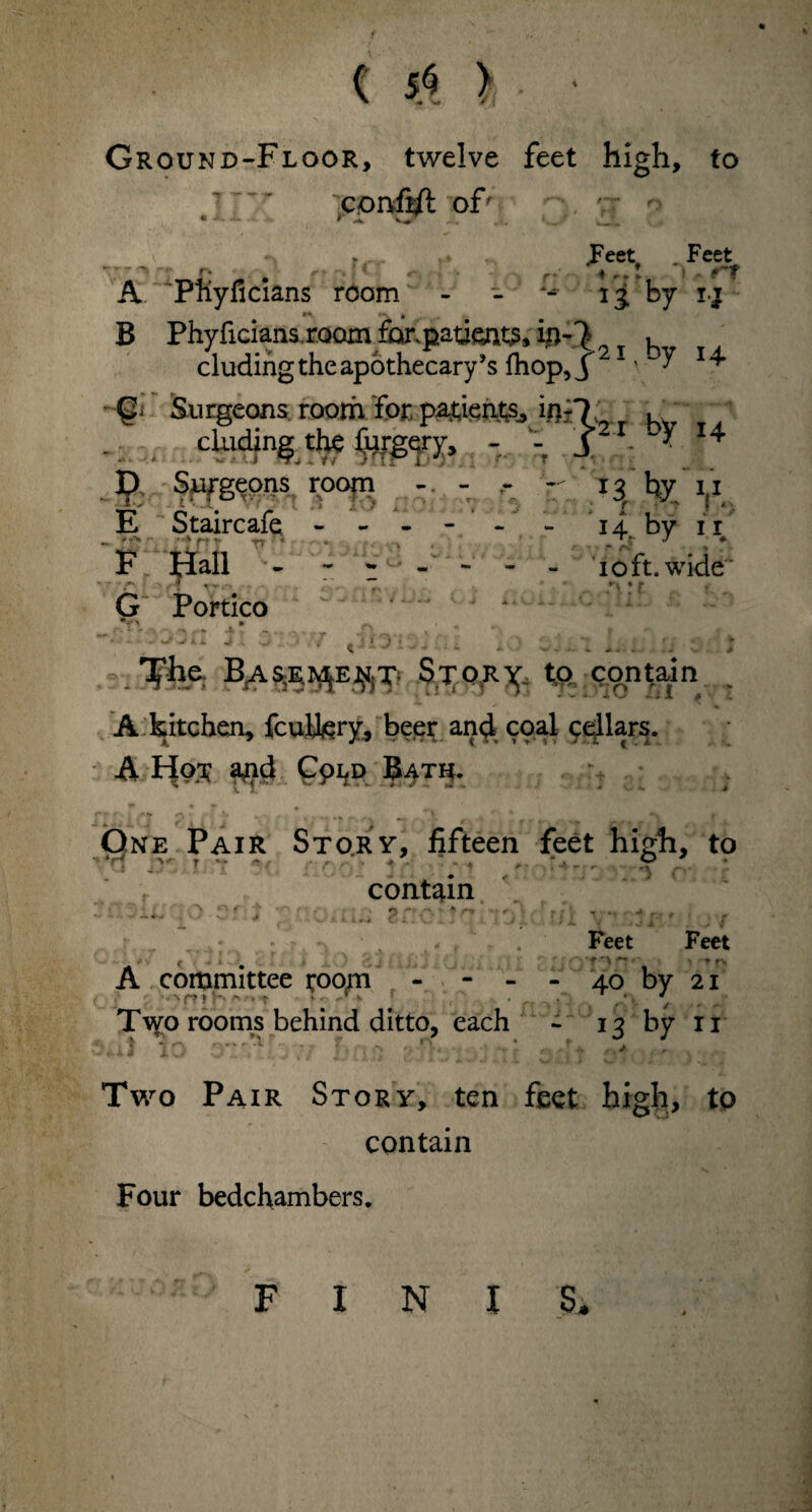i & > Ground-Floor, twelve feet high, to confift of' ' ••• o r -Feet . Feet rt A Phyficians room - - ig by i.j B Phyficians.room fc^patient?; ip-£ , eluding the apothecary’s Hi op, j 21' ^ ^ igi Surgeons, room.Tot* patients, W?TLr k,r 'V ■ eluding the ^rgery, - J- . * * Surgeons room - - - - h hy u. E St air cafe - !■*> , rj H T TT F Hall G Portico 1.4. by I I i oft. wide' r\ • r v - *- - - - * .. * .Tfe B^as.e.ii^e^T' Stor^- to contain . A kitchen, fcuHery, beer and coal cellars. A Ho$ a^d ppLD Bath. One Pair Story, fifteen feet high, to contain '• M f ~ •“* ^ ■■ % . r k* ^ VJ .i -• ■ r •*-*-’* » . •, r 4 ‘ r . A committee coom - - • • ^ r*»t * • -«• *■ • Two rooms behind ditto, each * •?, .. ’i 7 Feet Feet ' T ' \ ft« * r - 40 by 21 13 hY 11 Two Pair Story, ten feet high, to contain Four bedchambers. FINIS.