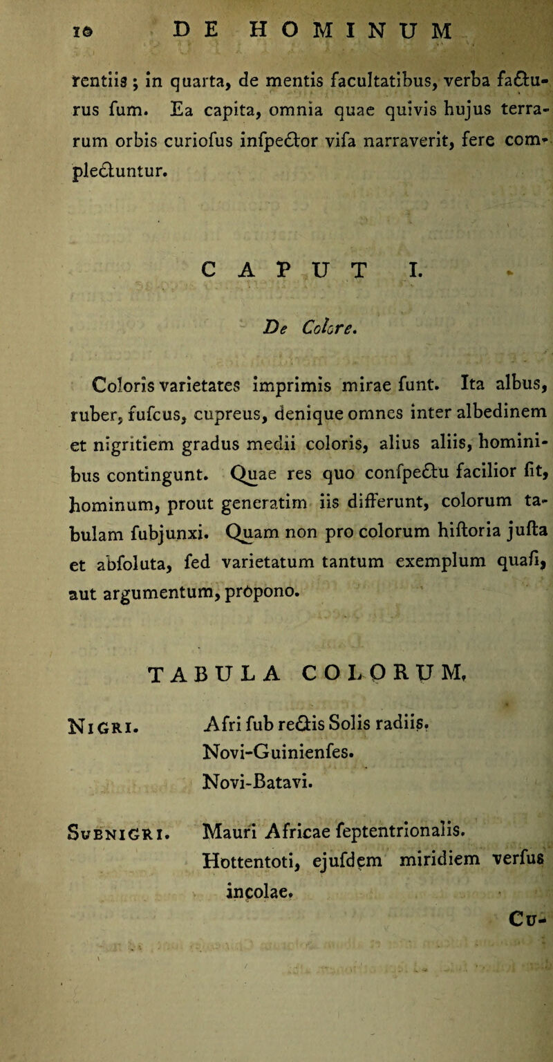 rentiis ; in quarta, de mentis facultatibus, verba fa£tu- rus fum. Ea capita, omnia quae quivis hujus terra¬ rum orbis curiofus infpedtor vifa narraverit, fere com¬ plectuntur. CAPUT I. De Colore. Coloris varietates imprimis mirae funt. Ita albus, ruber, fufcus, cupreus, denique omnes inter albedinem et nigritiem gradus medii coloris, alius aliis, homini¬ bus contingunt. Quae res quo confpedtu facilior fit, hominum, prout generatim iis differunt, colorum ta¬ bulam fubjunxi. Quam non pro colorum hiftoria jufta et abfoluta, fed varietatum tantum exemplum quaff, aut argumentum, prOpono. TABULA COLORUM, Nigri. Afri fub re£tisSolis radiis. Novi-Guinienfes. Novi-Batavi. Subnigri. Mauri Africae feptentrionalis. Hottentoti, ejufdem miridiem verfus incolae. Cu-