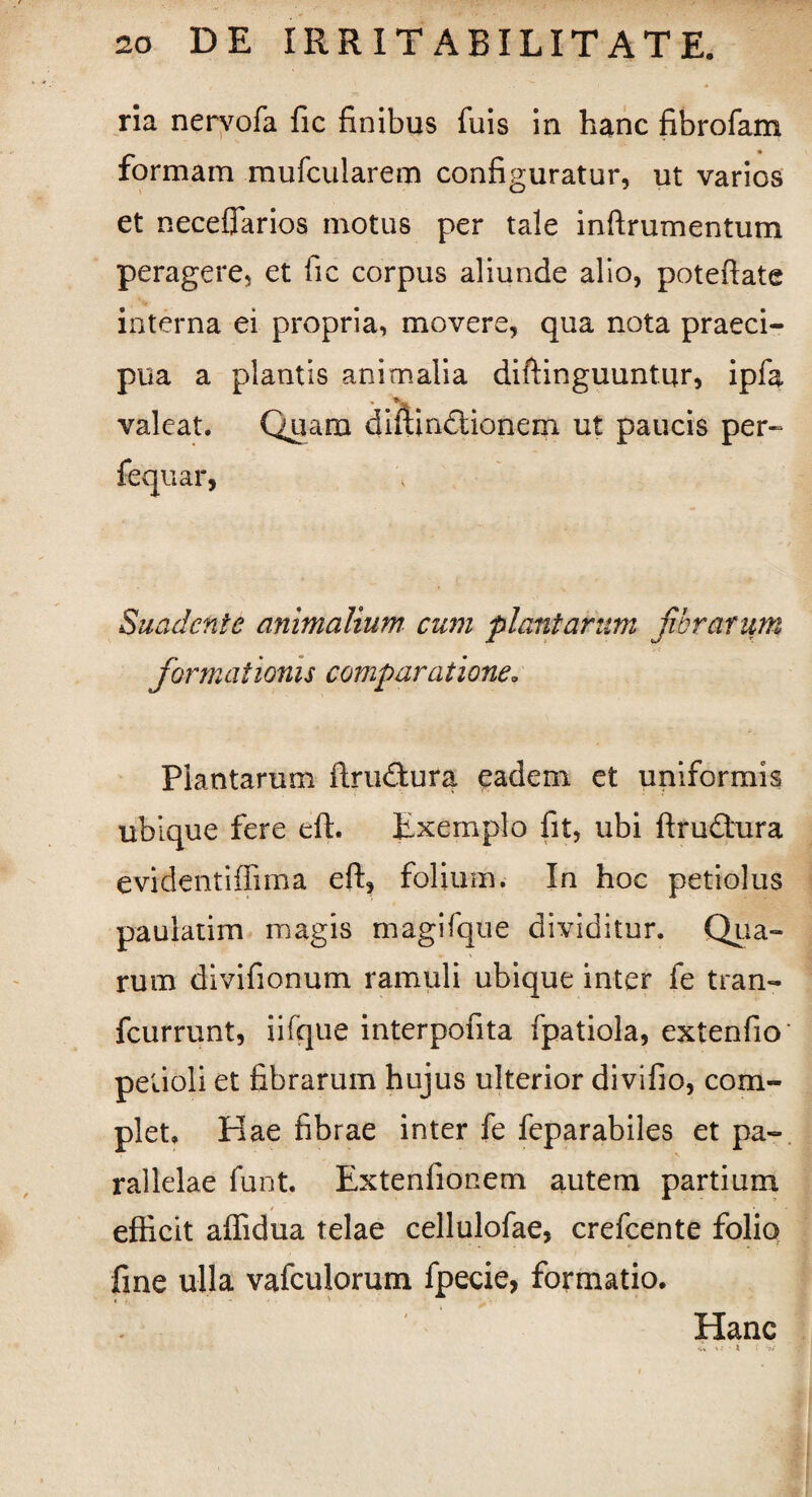 ria nervofa fic finibus fiiis in hanc fibrofam formam mufcularem configuratur, ut varios et necefiarios motus per tale inftrumentum peragere, et fic corpus aliunde alio, poteftate interna ei propria, movere, qua nota praeci¬ pua a plantis animalia diftinguuntur, ipfa valeat. Quam diffinitionem ut paucis per- fequar, Suadente animalium cum plantarum fibrarum formationis comparatione. Plantarum ftrudtura eadem et uniformis ubique fere effi Exemplo fit, ubi ftru£tura evidentiffima eft, folium. In hoc petiolus paulatim magis magifque dividitur. Qua- rum divifionum ramuli ubique inter fe tran- fcurrunt, iifque interpofita fpatiola, extenfio petioli et fibrarum hujus ulterior divifio, com¬ plet. Hae fibrae inter fe feparabiles et pa¬ rallelae funt. Extenfionem autem partium efficit affidua telae cellulofae, crefcente folio fine ulla vafculorum fpecie, formatio. *, t, - - - Hanc <% m • i t v