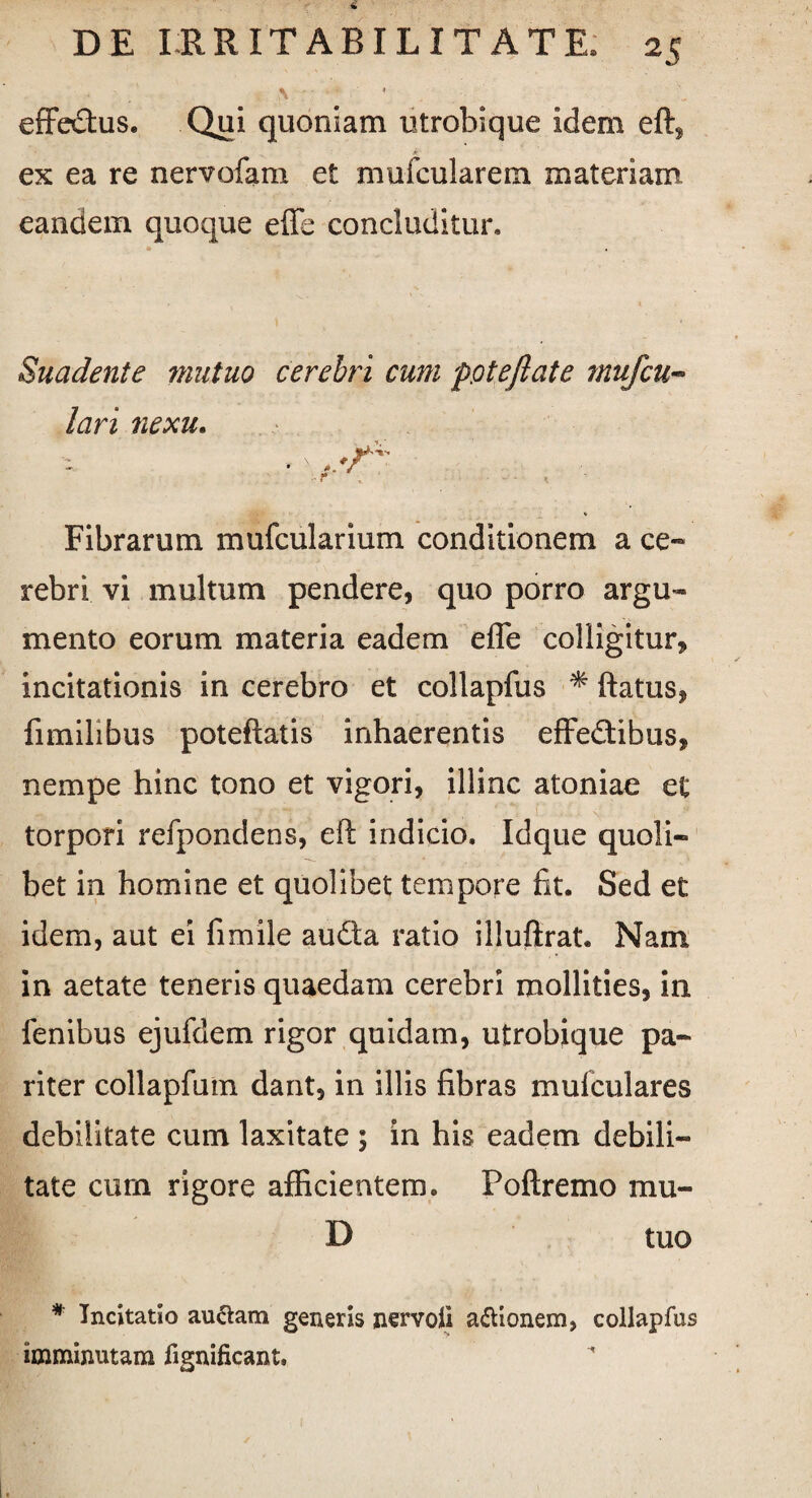 \ effectus. Qui quoniam utrobique idem eft, ex ea re nervofam et muicularem materiam eandem quoque effe concluditur. Suadente ?mituo cerebri cum pptefiate mufcu- lari nexu. Fibrarum mufcularium conditionem a ce- rebri vi multum pendere, quo porro argu¬ mento eorum materia eadem effe colligitur, incitationis in cerebro et collapfus * ftatus, fimilibus poteftatis inhaerentis effedtibus, nempe hinc tono et vigori, illinc atoniae et torpori refpondens, eft indicio. Idque quoli¬ bet in homine et quolibet tempore fit. Sed et idem, aut ei fimile audta ratio illuftrat. Nam in aetate teneris quaedam cerebri mollities, in fenibus ejufdem rigor quidam, utrobique pa¬ riter collapfum dant, in illis fibras mulculares debilitate cum laxitate ; in his eadem debili¬ tate cum rigore afficientem. Poftremo mu- D tuo * Incitatio au&am generis nervoii a&ionem, collapfus imminutam fignificant.