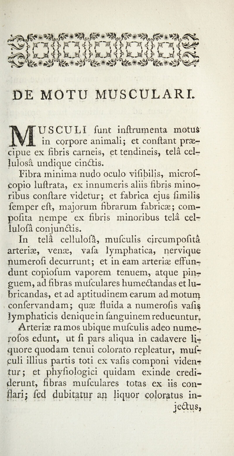 jtrxi 4} ^ # F^ Oj*l i} F^ I^T ,i^> k.ja( # k.ja( # k.j#( # kj^O k.ja( 4^*, DE MOTU MUSCULARI. MUSCULI funt inftrumenta motuS' in corpore animali; et conflant prae¬ cipue ex fibris carneis, et tendineis, tela cel¬ lulosa undique cinQis. Fibra minima nudo oculo vifibilis, microf- copio luftrata, ex innumeris aliis fibris mino¬ ribus conflare videtur; et fabrica ejus fimilis femper eft, maiorum fibrarum fabricae; cona¬ po fit a nempe ex fibris minoribus tela cel- lulofa conjundtis. In tela cellulofa, mufculis cjrcumpofita arteriae, venae, vafa lymphatica, nervique numerofi decurrunt; et in eam arteriae effun¬ dunt copiofum vaporem tenuem, atque pin-r guem, ad fibras mufculares humedtandas et lu¬ bricandas, et ad aptitudinem earum ad moturq. confervandam; quae fluida a numerofis vafis lymphaticis denique in fanguinem reducuntur» Arteriae ramos ubique mufculis adeo nume- rofos edunt, ut fi pars aliqua in cadavere li¬ quore quodam tenui colorato repleatur, muf- puli illius partis toti ex vafis componi viden? tur; et phyfiologici quidam exinde credi¬ derunt, fibras mufculares totas ex iis con¬ flari; fed dubitatur an liquor coloratus in-