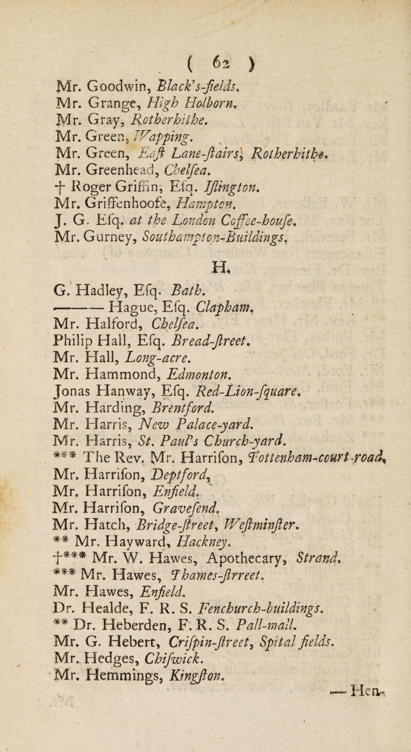 Mr. Goodwin, Black's-fields, Mr. Grange, High Holborn. Mr. Gray, Roth er hi the. Mr. Green, knapping. Mr. Green, Eaft Lane-ft airs] Rotherhithi. Mr. Greenhead, Chelfea. •f* Roger Griffin, Efq. Iflington. Mr. Griffenhoofe, Hampton. J. G. Efq. London Coffee-houfe, Mr. Gurney, South a mpi on-Buildings. H, G. Hadley, Efq. Bath. *-Hague. Efq. Clapham. Mr. Halford, Chelfea. Philip Hall, Efq. Bread-ftreet. Mr. Flail, Long-acre. Mr. Hammond, Edmonton. Jonas Han way, Efq. Red-Lion-fquare. Mr. Harding, Brentford. Mr. Flarris, New Palace-yard. Mr. Harris, St. Paul's Church-yard. The Rev. Mr. Harrifon, Eottenham-court -roacf Mr. Harrifon, Deptford, Mr. Harrifon, Enfield. Mr. Harrifon, Grave fend. Mr. Hatch, Bridge-ftreet, Weftminfter. ** Mr. Hayward, Hackney. J*** Mr. W. Hawes, Apothecary, Strand; *** Mr. Hawes, lhames-ftrreet. Mr. Hawes, Enfield. Dr. Healde, F. R. S. Fenchurch-buildings. ** Dr. Heberden, F.R. S. Pall-mall. Mr. G. Hebert, Crifpin-ftreet, Spitalfields. Mr. Hedges, Chifwick. Mr. Hemmings, Kingfton. u —■ He a-