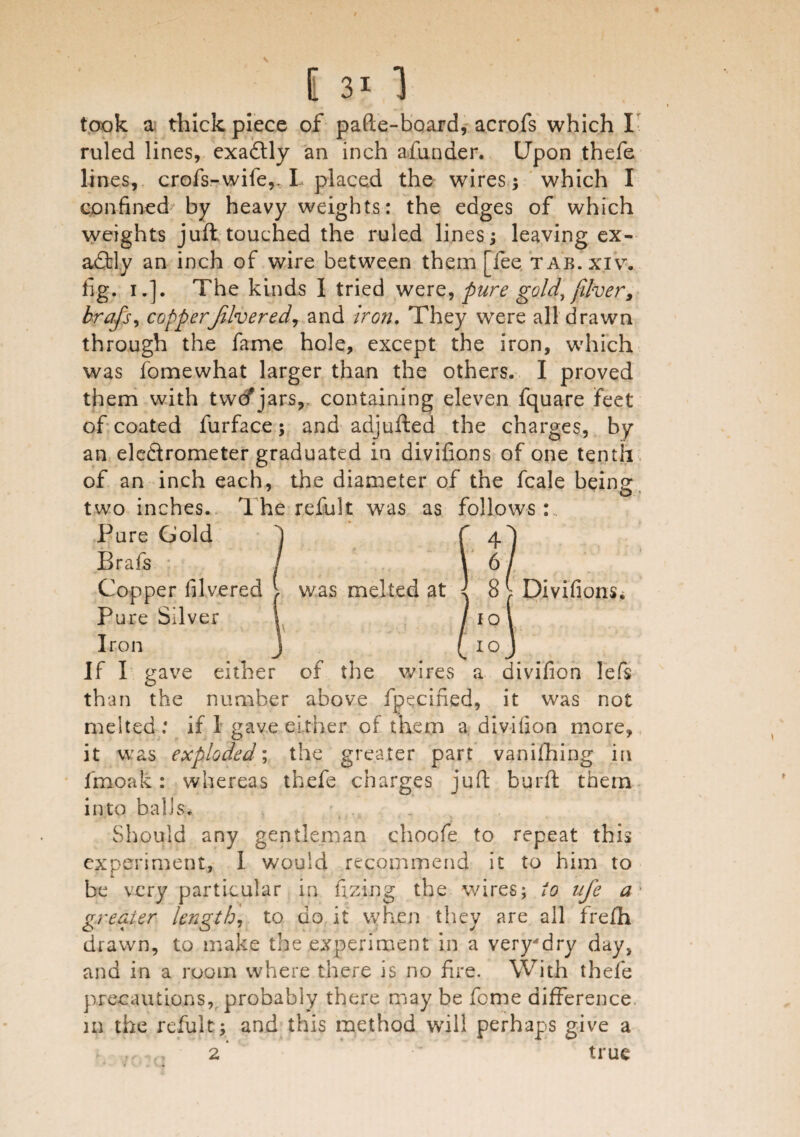 V i 31 1 took a thick piece of pafte-board, acrofs which I ruled lines, exactly an inch afunder. Upon thefe lines, crofs-wife,. L placed the wires; which I confined by heavyweights: the edges of which weights juft touched the ruled lines; leaving ex¬ actly an inch of wire between them [fee tab.xiv. fig. 1.]. The kinds I tried werpure gold, filver, brafs, copperJUveredy and iron. They were all drawn through the fame hole, except the iron, which was fomewhat larger than the others. I proved them with twcfjars, containing eleven fquare feet of coated furface; and adjufted the charges, by an eleftrometer graduated in divifions of one tenth of an inch each, the diameter of the fcale being O ! two inches. The refult was as follows:. Pure Gold Brafs ; Copper filvered \ was melted at Pure Silver Divifions. 8 10 Iron j (10 If I gave either of the wires a divifion lefs than the number above fpecined, it was not melted: if I gave either of them a divifion more, it was exploded; the greater part vanithing in fmoak: whereas thefe charges juft burft them into balls. Should any gentleman choofe to repeat this experiment, I would recommend it to him to be very particular in fixing the wires; to ufe a greater length, to do it when they are all frefh drawn, to make the experiment in a very4dry day, and in a room where there is no fire. With thefe precautions, probably there may be feme difference in the refult ; and this method will perhaps give a 2 ~ true