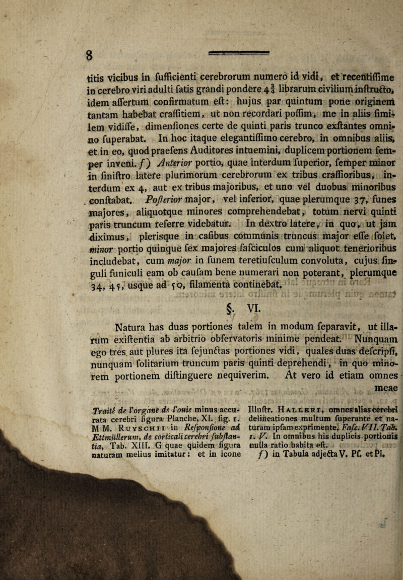 titis vicibus in fufficienti cerebrorum numero id vidi, et recefttiflime in cerebro viri adulti fatis grandi pondere 4! librarum civilium inftrufto, idem affertum confirmatum eft: hujus par quintum pone originem tantam habebat craffitiem, ut non recordari pofiim, me in aliis fimi- lem vidilfe, dimenfiones certe de quinti paris trunco exftantes omni¬ no fuperabat. In hoc itaque elegantiflimo cerebro, in omnibus aliis, et in eo, quodpraefens Auditores intuemini, duplicem portionem fem- per inveni. /) Anterior portio, quae interdum fuperior, femper minor in finiftro latere plurimorum cerebrorum ex tribus craflioribus, in¬ terdum ex 4, aut ex tribus majoribus, et uno vel duobus minoribus conflabat. PoJJerior major, vel inferior, quae plerumque 37, funes majores, aliquotque minores comprehendebat, totum nervi quinti paris truncum referre videbatur. In dextro latere, in quo, ut jam diximus, plerisque in cafibus communis truncus major effe.foiet, minor portio quinque fex majores fafciculos cum; aliquot tenerioribus includebat, cum major in funem teretiufculum convoluta, cujus fm- guli funiculi eam ob caufam bene numerari non poterant, plerumque 34, 45, usque ad fQ, filamenta continebat. §. VI. Natura has duas portiones talem in modum feparavit, ut illa¬ rum exiftentia ab arbitrio obfervatoris minime pendeat. Nunquam ego tres aut plures ita fejun&as portiones vidi , quales duas defcripfi, nunquam folitarium truncum paris quinti deprehendi, in quo mino¬ rem portionem diftinguere nequiverim. At vero id etiam omnes meae Traiti de Vorghnede t'ouie minus accu¬ rata cerebri figura Planche, XI. fig. 1. M M. Ruyschii in Refponfione ad Ettmullerum, de corticali cerebri fub flati- tia, Tab. XIII. G quae quidem figura naturam melius imitatur: et in icone Illuftr. Halleri, omnes alias cerebri delineationes multum fuperante et na¬ turam ipfam exprimente, Fafc, VII. Tab* j. V\ In omnibus his duplicis portionis nulla ratio habita eft. /) in Tabula adjettaV. Pf. etPi,