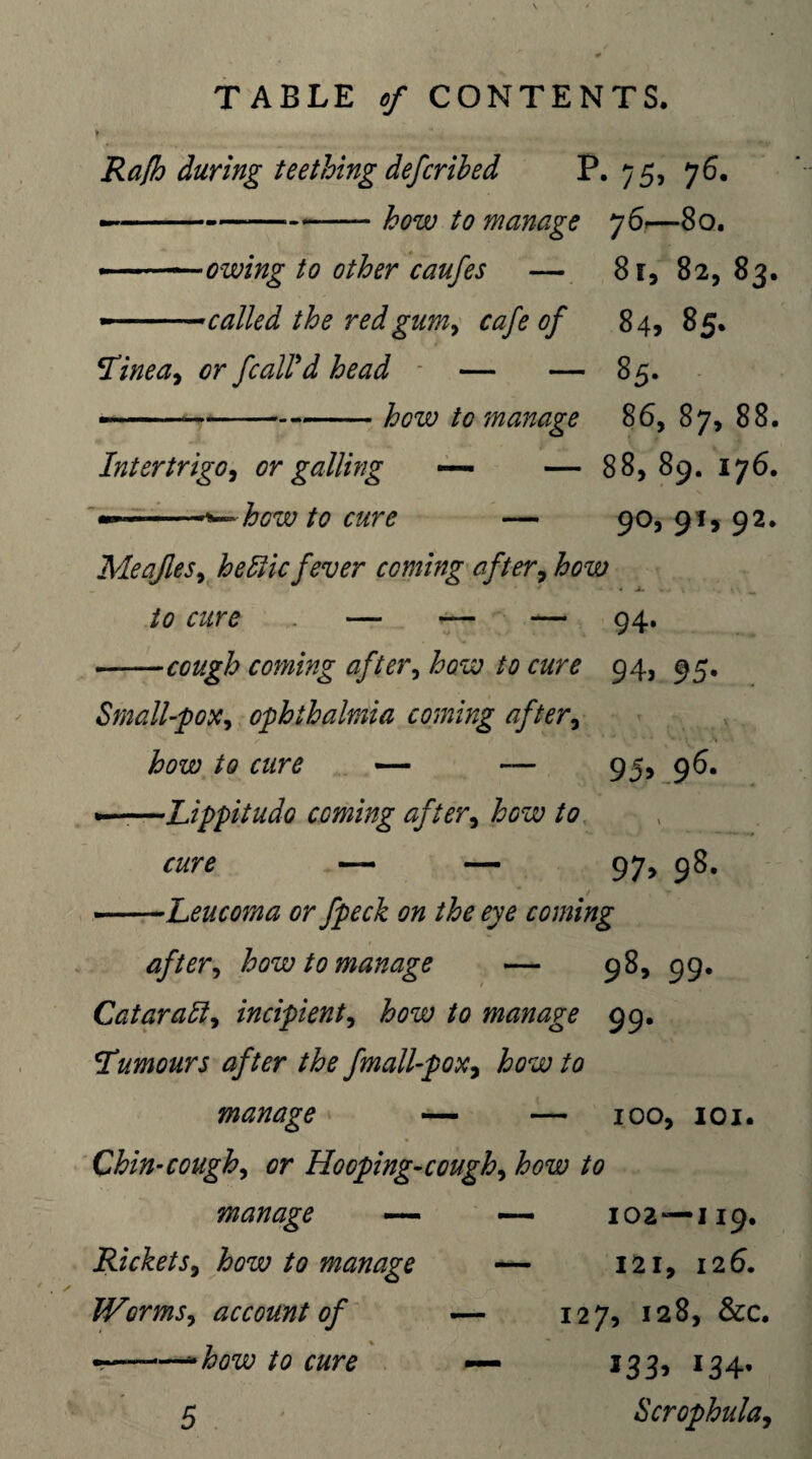 TABLE of CONTENTS. Ra(h during teething defcrib ed P.7 5, 7 6. — -how to manage 76.—80. --owing to other caufes — 8r, 82,83. »»--called the red gum, cafe of 84, 85. Tinea^ or fcall'd head — — 85. — --how to manage 86, 87, 88. Intertrigo, or galling — — 88, 89. 176. — --*—hcw to cure — 90,91*92. Meafles, hettic fever coming after, £0^ — — — 94. --cough coming after, £0^ /0 0^0 94, 95. Small-pox, ophthalmia coming after, to care — — 95, 96. ——Lippitudo coming after, how to cure — — 97,98. / r -Leucoma or fpeck on the eye coming after, how to manage — 98, 99. Cat arable incipient, iwze; /0 manage 99. Tumours after the fmall-pox, £0^ manage — — 100, 101. Chin-cough, or Hooping-cough, how to manage — — 102*—119. Rickets, how to manage — 121, 126. Worms, account of — 127, 128, &c. -——*^0ze> /0 — 133, 134,