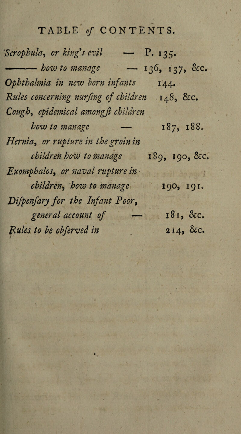 Scrophula, or king's evil — 1 ?• 135* --— how to manage — i 36> 137i , See. Ophthalmia in new horn infants 144. Rules concerning nurfing of children 14S, &c. Cough, epidemical amongft children how to manage — 187, 18S. Hernia, or rupture in the groin in • - children how to manage 189, 190, &c. Exomphalos, or naval rupture in ■ f children, how to manage 190, 191. Difpenfary for the Infant Poor9 general account of — 181, See, Rules to he ohferved in 214, &c. <