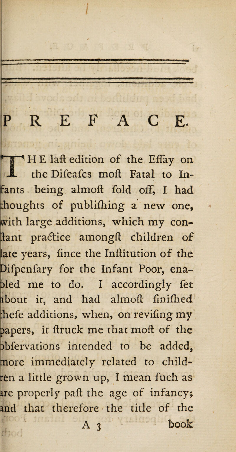 PREFACE. H E laft edition of the Eflay on X the Difeafes molt Fatal to In- :ants being almoft fold off, I had thoughts of publifhing a new one, with large additions, which my con¬ stant pra&ice amongft children of ate years, lince the Inftitution of the Difpenfary for the Infant Poor, ena¬ bled me to do. I accordingly fet about it, and had almoft finifhed :hefe additions, when, on reviling my papers, it ftruck me that molt of the abfervations intended to be added, more immediately related to child¬ ren a little grown up, I mean fuch as are properly paft the age of infancy; and that therefore' the title of the book