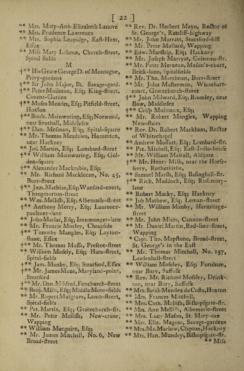 **' Mrs. Mary-Ann-Elizabeth Lanove ** M rs. Prudence Lawrence Mrs. Sophia Leapidge, Eafl-Ham, Elfex ‘ ** Mifs Mary Lekeux, Church-flreet, Spiral fields M +** His Grace GeorgeD. of Montague, Priyy-gardens t** Sir John Major, Bt. Savage-gard. t** Peter Mailman, Efq; King-ftreet, Covent-Garden t** Mofes Mendes, Efq; Pitfield-ftreet, Hoxfon t**Boult. Mainwaring, Efq;Norwood, near Southall, Middlefex +** Dan. Mefman, Eq; Spital-fquare ** Mr. Thomas Meadows, Homerton, near Hackney ** Jof. Martin, Efq; Lombard-flreet t** William Mainwaring, Efq, Gol- den-fquare •f** AlexanderMackrabie, Efq; ** Mr. Richard Macklecan, No. 45, Burr-ftreet f** Jam.Mathias,Efq;Wanford-couit, Throgmorton-flreet ** Wm.Mellifh, Efq; Albemarle-fh eet 4** Anthony Merry, Efq; Laurence- poultney-lane ** JohnMarlar, Efq; Ironmonger-lane ** 'Mr. Francis Morley, Cheapfide J-** Timothy Mangles, Efq; Layton- flone, Efiex 4’** Mr. Thomas Mafia, Prefcot-flreet ** William Mofely, Efq; Hare-flreet, Spital-fields + ** Jam. Manby, Efq; Stratford,Eflex f** Mr. JamesMaze,Maryland-point, Stratford 4** Mr. Dan.Mildred,Fencbarch-flreet *** Benj. Mills,Efq; MiddleMoor-fields ** Mr. RupertMufgrave, Lamb-ftreet., Spital-fields ** Pet.Martin, Efq; Gracechurch-flr. ** Mr. Peter Mellifh, Ncw-crane, Wapping ** William Macguire, Efq; ** Mr. James Mitchell, No. 6, New Broad-flreet ** Rev. Dr. Herbert Mayo, Re&or of St. George’s, Ratcliff-highway **Mr. JolTn Marratt, Stamford-hill ** Mr. Peter Mallard, Wapping ** Edw. Manfhip, Efq; Hackney ** Mr. Jofeph Marryat, Coleman-fir. ** Mr. Peter Merzeau, Mafon’s-court, Brick-lane, Spitajfields ** Mr. Tho. Mcrriman, Burr^flreet ** Mr. John Mafterman, Whitehart- court, Gracechurch-flreet +** John Milward,Efq; Bromley, near Bow, Middlefex -f-** Crifp Molineux, Efq; ** Mr. Robert Mangles, Wapping New-flairs ** Rev. Dr. Robert Markham, Re£!or of Whitechapel ** Andrew Moflatt, Efq; Lombard-fir. ** Pet. Michell,Efq; Eafl-India-houfe ** Mr. William Mafcall, Aldgate f** Mr. Henry Mills, near the Horfe- ferry, Rotherhithe, ** Samuel Marfh, Efq; Bafinghall-ftr. f** Rich. Maddock, Efq; Rofcmary- lane ** Robert Macky, Efq; Hackney ** Job Mathew, Efq; Leman-ftreet ** Mr. William Manby, Hermitage- flreet ** Mr. John Miers, Can non-fire et ** Mr. Daniel Martin,Red-lion-flreet, W apping * Capt.Tho. Mapftone, Broad-flreet, St. George’s in the Eaft ** Mr. Thomas Mitchell, No. 157, Leadenhall-ftreet ** William Mofeley, Efq; Fornham, near Bury, Suffolk Rev. Mr. Richard Mofeley, Drink-, ton, near Bury, Suffolk ** Mrs. Sarah Mendez da Cofta,Hoxcon ** Mrs. Frances Mitchell, ** Mrs. Cath. Mellifh, B.ifhopfgate-flr* ** Mrs. Ann Mellifh, Albemarle-flreet ** Mrs. Lucy Mafon, St. Mary-axe ** Mrs. Eliz. Magens, Savage-gardens ** Mrs.Ma.Marlow,Clapton,Hackney ** Mrs. Han. Mundey, Bifhopfgute-ftr. ** Mifs