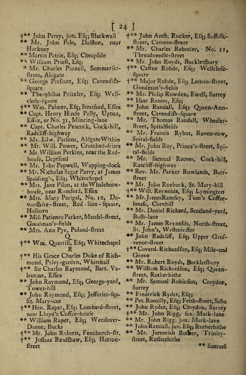 +** John Perry, jun. Efq; Blackwall ** Mr. John Ptlo, Dalfton, near Hackney ** Martin Petrie, Efq; Cheapfide William Prieft, Efq; Mr. Charles Parnell, Sommerfet- ftreet, Aid gate George Prefcott, Efq; Cavendifli- fquare *'* Theophilus Pritzler, Efq; Well- clofe-fquare f** Wm. Palmer, Efq; Stratford, Effex ** Capt. Henry Hinde Pelly, Upton, Effex, or No. 31, Mincing-lane ** Capt. Charles Peacock, Cock-hill, Radcliff-highway ** Mr* Edw. Parfons, AldgateWithin ** Mr. Will. Power, Crutched-friars * Mr. William Perkins, near the Red- houfe, Deptford ** Mr. John Pepwell, Wapping-dock ** Mr. Nicholas Segar Parry, at James Spalding’s, Efq; Whitechapel ** Mrs. Jane Pilon, at theWhalebone- houfe, near Rumford, Effex ** Mrs. Mary Perigal, No. 12, De¬ vonshire- ftreet, Red - lion - fquare, Holborn ** Mifs Patience Parker, Manfel-ftreet, John Anth, Rucker, Efq; Suffolk- flreet, Cannon-ftreet ** Mr. Charles Rebotier, No. ir, Threadneedle-ftreet ** Mr. John Royds, Bucklerfbury Caften Rohde, Efq; Wellclofe-’ fquare ■f** Major Rohde, Efq; Leman-ftieet, Goodman’s-fields ** Mr. Philip Rowden, Ewell, Surrey ** Ifaac Renou, Efq; ** John Randall, Efq; Queen-Ann- ftreet, Cavendifh-fquare ** Mr. Thomas Randall, Wheeler- ftreet, Spitalfieids * < ** Mr. Francis Rybot, Raven-row, Spital-fields ** Mr. John Roy, Prince’s-ftreet, Spi¬ tal-fields ** Mr. SamueJ  Reeves, Cock-hill, Ratcliff-highway ** Rev. Mr. Parker Rowlands, Burr- ffreet ** Mr. John Roebuck, St. Mary-hill +** Will. Reynolds, Efq; Lymington ** Mr.JamesRamfey, Tom’s Coffee- houfe, Cornhill ** Mr. Daniel Richard, Scotland-yard, Bufh-lane [ 24 J Goodman’s-fields ** Mrs. Ann Pye, Poland-ffreet Q_ f** Wm. Quarrill, Efq; Whitechapel R +** His Grace Charles Duke of Rich¬ mond, Privy-garden, Whitehall f** Sir Charles Raymond, Bart. Va¬ lentine, Effex ** John Raymond, Efq; George-yard, 'lower-hill ** John Raymond, Efq; Jefferies-fqu. St. Mary-axe f**Hen. Raper, Efq; Lombard-ftreet, near Lloyd’s Coffee-houfe ** William Rapet, Efq; Wendover- Deane, Bucks +** Mr. John Roberts, Fenchurch-flr. 4** Jolhua Retd(haw> Efq, Hatton- ftreet ** Mr. James Reynolds, North-ftreet, St. John’s, Weftminffer ** John Radcliff, Efq; Upper Grof— venor-ftreet +** Coverd. Richardfon, Efq; Mile-end G-rove ** Mr. Robert Royds, Bucklerfbury ** William Richardfon, Efq; Queen- ftreet, Rotherhithe ** Mr. Samuel Robinfon, Croydon, Surrey ** Frederick Ryder, Efq; ** Pet.Romilly, Efq; Frith-ftreet,Soho ** John Ryder, Efq; Croydon, Surrey f** Mr. John Rigg, fen. Mark-lane ** Mr. John Rigg, jun.. Mark-lane ** John Randall, jun. Efq; Rotherhithe ** Mr. Jeremiah Rofher, Trinity- ftreet, Rotherhithe ** Samuel