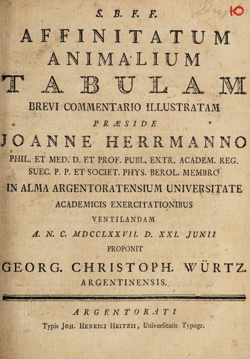 S. B. F. F. IO AFFINITATUM ANIMALIUM T -A.- KE BREVI COMMENTARIO ILLUSTRATAM P R AS S I D E 10 AN N E HE-RR MANNO r PHIL. ET MED. D. ET PROF. PUBE. EXTR. ACADEM. REG. SUEC. P. P. ET SOCIET. PHYS. BERGL. MEMBRO IN ALMA ARGENTORATENSIUM UNIVERSITATE ACADEMICIS EXERCITATIONIBUS r VENTILANDAM A. N. C. MDCCLXXV1I. D. XXL JUNII PROPONIT GEORG. CHRISTOPH. WURTZ. A RGENTINENSIS. JL ARGENTORATI Typis Joii. Heneici Heitzii , TJnwerfitatis Typogr.