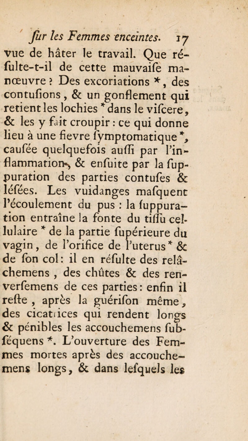 vue de hâter le travail. Que ré- fulte-t-il de cette mauvaife ma¬ nœuvre ; Des excoriations *, des contufions , & un gonflement qui retient les lochies * dans le vifcere, & les y fait croupir : ce qui donne lieu à une fievre fymptomatique*, caufée quelquefois auffi par l'in¬ flammation»* & enfuite par la fup- puration des parties contufes & léfées. Les vuidanges mafquent l’écoulement du pus : la fuppura- tion entraîne la fonte du tifïu cel¬ lulaire * de la partie fupérieure du vagin, de l'orifice de Puterus* & de fon col: il en réfulte des relâ- chemens , des chûtes & des ren- verfemens de ces parties: enfin il refte , après la guérifon même ^ des cicatiices qui rendent longs & pénibles les accouchemens fub- féquens *. L’ouverture des Fem¬ mes mortes après des accouche- mens longs, & dans lefquels les