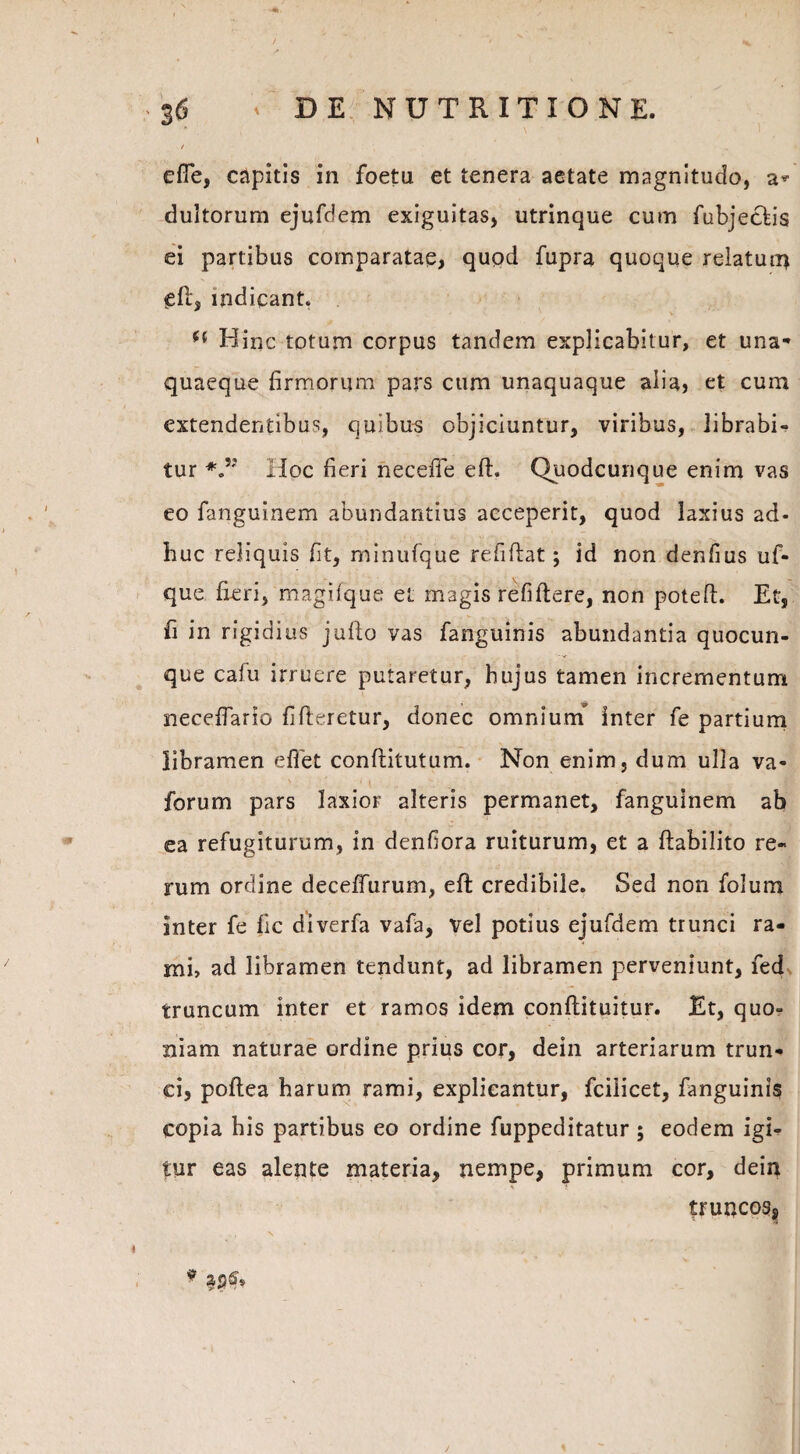 t efie, capitis in foetu et tenera aetate magnitudo, a* duitorum ejufdem exiguitas, utrinque cum fubjecbis ei partibus comparatae, qupd fupra quoque relatum efi:, indicant. (( Hinc totum corpus tandem explicabitur, et una¬ quaeque firmorum pars cum unaquaque alia, et cum extendentibus, quibus objiciuntur, viribus, librabi¬ tur */' Hoc fieri necefie efh Quodcunque enim vas eo fanguinem abundantius acceperit, quod laxius ad¬ huc reliquis fit, minufque refiftat; id non denfius uf- que fieri, magifque et magis refiftere, non poteft. Et, fi in rigidius jufto vas fanguinis abundantia quocun¬ que cafu irruere putaretur, hujus tamen incrementum necefiario fifteretur, donec omnium* inter fe partium libramen eflet conftitutum. Non enim, dum ulla va- forum pars laxior alteris permanet, fanguinem ab ea refugiturum, in denfiora ruiturum, et a ftabilito re¬ rum ordine deceffurum, efi: credibile. Sed non folum inter fe fic diverfa vafa, vel potius ejufdem trunci ra¬ mi, ad libramen tendunt, ad libramen perveniunt, fed truncum inter et ramos idem conftituitur. Et, quo¬ niam naturae ordine prius cor, dein arteriarum trun¬ ci, poftea harum rami, explicantur, fcilicet, fanguinis copia his partibus eo ordine fuppeditatur ; eodem igi¬ tur eas alente materia, nempe, primum cor, dein truncos, 9