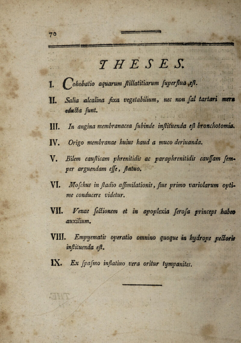 a . ■ • • i 70 THESES. C» ohobatio aquarum flillatitiarum fiuperflua jfi. 0' ^ ' r 1 • m . ' ■* f/*it IL *&/ia alcalina fixa vegetabilium, «ow /a/ iartari mera eduSta fiunt. - # 4 • . * *- - 1 » I *-• in. 7» angina membranacea fubinde injlituenda ejl bronchotomia. IV. Origo membranae huius haud a muco deriuanda. V. jK/em caufiicam phrenitidis ac paraphrenitidis caufifam fiem• • 1 per arguendam ejfie, Jlatuo.  , • .. * N l.' : VI. Mofichus in ftadio afifiimilationis, fiue primo variolarum opti¬ me conducere videtur. VII. Venae fettionem et in apoplexia fiefofia princeps habeo auxilium„ VIII. Empyematis operatio omnino quoque in hydrope peSorif infiiiuenda e fit. y' \ . 'V , - IX. Ex fipafimo inflaliuo vera oritur tympanites. /