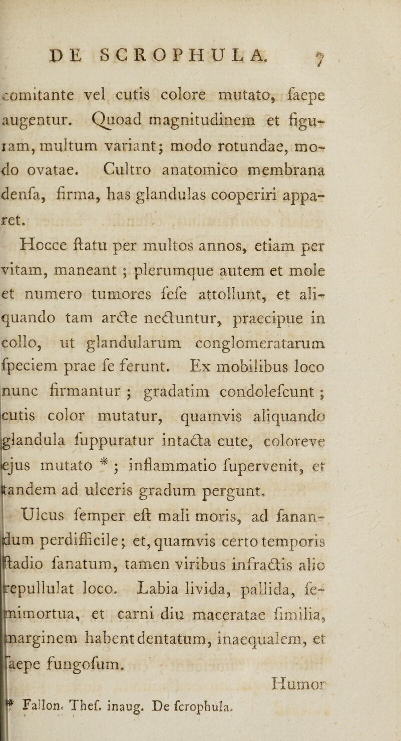 / comitante vel cutis colore mutato, faepe augentur. Quoad magnitudinem et figu- xam, multum variant; modo rotundae, mo¬ do ovatae. Cultro anatomico membrana denfa, firma, has glandulas cooperiri appa¬ ret. Hocce ftatu per multos annos, etiam per vitam, maneant ; plerumque autem et mole et numero tumores fefe attollunt, et ali¬ quando tam arde neduntur, praecipue in collo, ut glandularum conglomeratarum fpeciem prae fe ferunt. Ex mobilibus loco nunc firmantur ; gradatim condolefcunt ; jcutis color mutatur, quamvis aliquando glandula fuppuratur intada cute, coloreve ♦ejus mutato * ; inflammatio fupervenit, et ttandem ad ulceris gradum pergunt. Ulcus femper eft mali moris, ad fanan¬ dum perdifficile; et, quamvis certo temporis iftadio fanatum, tamen viribus infradis alio repullulat loco. Labia livida, pallida, fe- mimortua, et carni diu maceratae fimilia, larginem habent dentatum, inaequalem, et aepe fungofum. Fa;lont Thef, inaug. De fcrophula. Humor