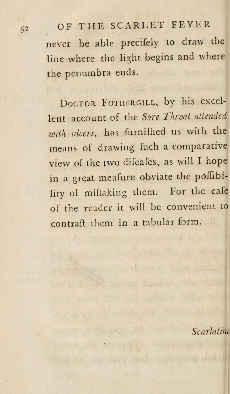 never be able precifely to draw the line where the light begins and where the penumbra ends. Doctor Fothtrgill, by his excel¬ lent account of the Sore 1 hr oat attended with ulcers, has furnilhed us with the means of drawing fuch a comparative view ol the two difeafes, as will I hope in a great meafure obviate the poffibi- lity ol miftaking them. For the eafe of the reader it will be convenient to contrail them in a tabular form. I Scarlatina