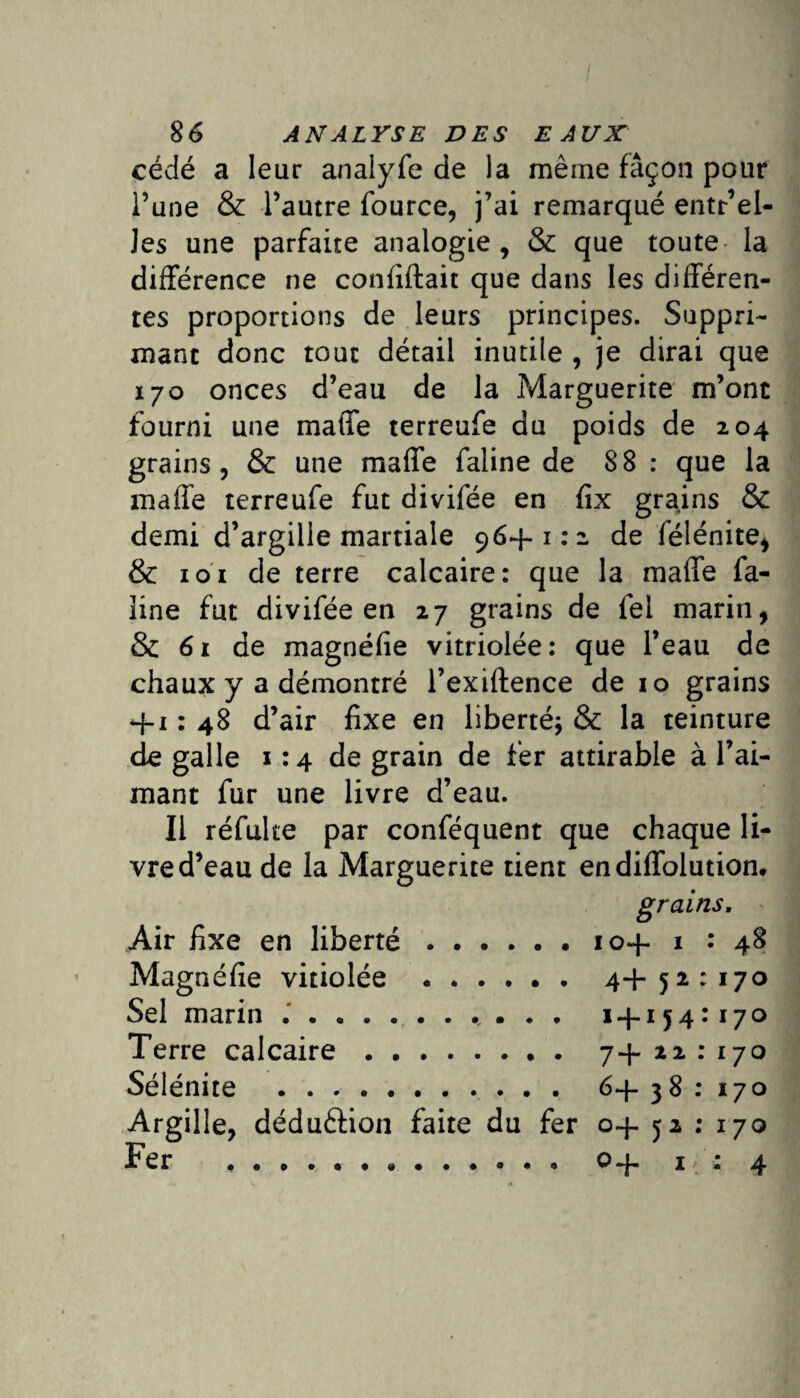 cédé a leur analyfe de la même façon pour l’une & l’autre fource, j’ai remarqué entr’ei- ]es une parfaite analogie, & que toute la différence ne confîftait que dans les différen¬ tes proportions de leurs principes. Suppri¬ mant donc tout détail inutile , je dirai que 170 onces d’eau de la Marguerite m’ont fourni une maffe terreufe du poids de 204 grains, & une maffe faline de 88 : que la maffe terreufe fut divifée en fix grains & demi d’argille martiale 96+1:2 de félénite, & 101 de terre calcaire: que la maffe fa¬ line fut divifée en 27 grains de fel marin, & 61 de magnéfie vitriolée: que l’eau de chaux y a démontré l’exiftence de 10 grains + 1: 48 d’air fixe en liberté; & la teinture de galle 1:4 de grain de fer attirable à l’ai¬ mant fur une livre d’eau. Il réfulte par conféquent que chaque li¬ vre d’eau de la Marguerite tient endiffolution. grains, Air fixe en liberté.10+ 1 : 48 Magnéfie vitiolée . 4+52:170 Sel marin .. . . • 1 + 154:170 Terre calcaire. 7+ 22 : 170 Sélénite .. 6+ 38 : 170 Argille, déduéiion faite du fer 0+ 52 : 170 Fer ... 0+ 1 : 4