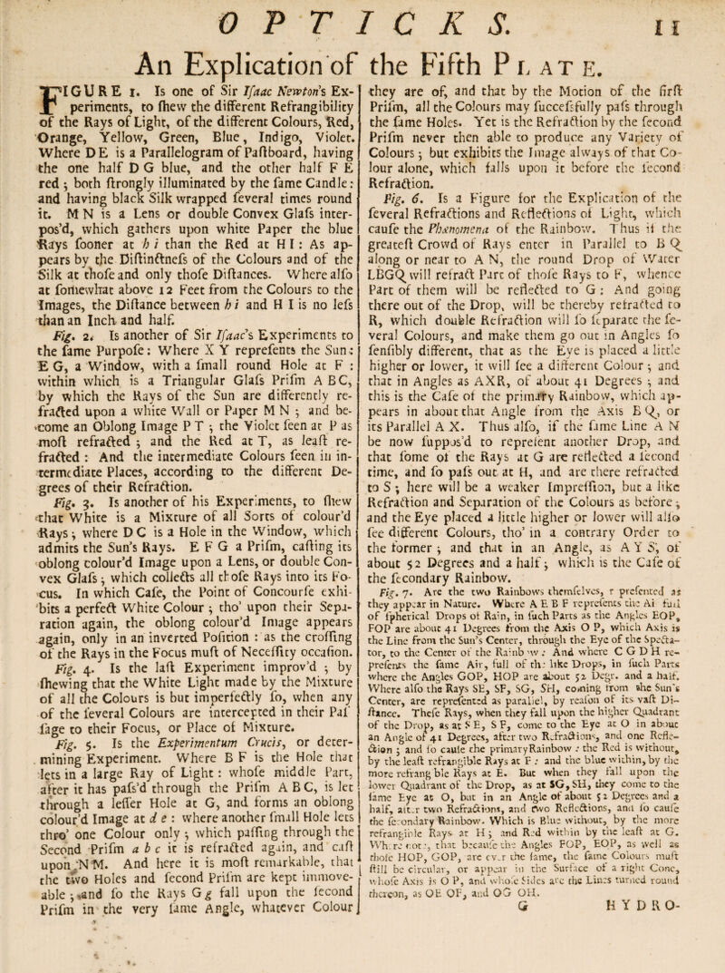 An Explication of FIGU RE i. Is one of Sir Ifaac Newtons Ex¬ periments, to fhevv the different Refrangibility of the Rays of Light, of the different Colours, Red, Orange, Yellow, Green, Blue, Indigo, Violet. Where DE is a Parallelogram of Paflboard, having the one half D G blue, and the other half F E red ^ both ftrongly illuminated by the fame Candle: and having black Silk wrapped feveral times round it. M N is a Lens or double Convex Glafs inter¬ pos’d, which gathers upon white Paper the blue Rays fooner at h i than the Red at H I: As ap-l pears by the Diftinftnefs of the Colours and of the Silk at thofeand only thofe Diftances. Where alfo at fortiewlxat above 12 Feet from the Colours to the Images, the Diftance between h i and H I is no lefs than an Inch and half Fig, 2. Is another of Sir Ifaac $ Experiments to the fame Purpofe: Where X Y reprefents the Sun: E G, a Window, with a fmall round Hole at F : within which is a Triangular Glafs Prifm ABC, by which the Rays of the Sun are differently re¬ fracted upon a white Wall or Paper M N ; and be¬ come an Oblong Image P T *, the Violet feen at P as mofl refracted ; and the Red at T, as leaf! re¬ fracted : And the intermediate Colours feen in in¬ termediate Places, according to the different De¬ grees of their RefraCIion. F\g, 3. Is another of his Experiments, to (hew *that White is a Mixture of all Sorts of colour’d RaySi where DC is a Hole in the Window, which admits the Sun’s Rays. E F G a Prifm, calling its oblong colour’d Image upon a Lens, or double Con¬ vex Glafs * which collects all thofe Rays into its Fo¬ cus. In which Cafe, the Point of Concourfe exhi¬ bits a perfect White Colour * tho’ upon their Sepa¬ ration again, the oblong colour’d Image appears again, only in an inverted Pollcion : as the croffing of the Rays in the Focus muft of Neceffity occafion. Fig. 4. Is the laft Experiment improv’d ^ by fhewing that the White Light made by che Mixture of all the Colours is but imperfectly fo, when any of the leveral Colours are intercepted in their Pal' fage to their Focus, or Place of Mixture. Fig. $. Is the Experimentum Cruris, or deter¬ mining Experiment. Where B F is the Hole that lets in a large Ray of Light: whofe middle Part, after it has pafs’d through the Prifm ABC, is let through a letter Hole at G, and forms an oblong colour’d Image at d e : where another fmall Hole lets thro’ one Colour only •, which puffing through the Second Prifm a b c it is refracted again, and caft uponjNM. And here it is mod remarkable, that the two Holes and fecond Prifm are kept immove¬ able ^and fo the Rays G^ fall upon the fecond Prifm in the very fame Angle, whatever Colour, the Fifth Plate. they are of, and that by the Motion of the firfl Prifm, all che Colours may fuccefsfully pafs through the fame Holes. Yet is the Refraction by the fecond Prifm never then able to produce any Variety of Colours; but exhibits the Image always of that Co¬ lour alone, which falls upon it before the lecond Refraction. Pig. 6. Is a Figure for the Explication of the feveral Refractions and Reflections ot Light, which caufe the Phenomena of the Rainbow. Thus if the greateft Crowd of Rays enter in Parallel to B along or near to A N, the round Drop of Warer LBGC^ will refraCt Parc of thofe Rays to F, whence Part of them will be reflected to G: And going there out of the Drop, will be thereby refracted to R, which double RefraCtion will fo ttparace the fe¬ veral Colours, and make them go out in Angles fo fenfibly different, that as the Eye is placed a little higher or lower, it will fee a different Colour •, and that in Angles as AXR, of about 41 Degrees ^ and this is the Cafe of the primary Rainbow, which ap¬ pears in about chat Angle from the Axis B its Parallel A X. Thus alfo, if che fame Line A N be now fuppjs’d to repreient another Drop, and that fome of the Rays at G are reflected a fecond time, and fo pafs out at H, and are there refracted to S ; here will be a weaker Impreffion, but a like RefraCIion and Separation of the Colours as before ^ and the Eye placed a little higher or lower will alio fee different Colours, tho’ in a contrary Order to the former j and that in an Angle, as A Y S', of about $2 Degrees and a halt, which is the Cafe of the fecondary Rainbow. Fig. 7. Arc the two Rainbows themfelves, r prefentej as they appear in Nature. Where A E E F reprefents the Ai fuil of fpherical Drops ot Rain, in fuch Parts as the Angles EOF, FOP are about 41 Degrees from the Axis O P, which Axis is the Line front the Sun’s Center, through the Eye of the Specta¬ tor, to the Center ot the Rainb nv ; And where C G D H re- prefents the fame Air, full of th: like Drops, in fuch Parts where the Angles GOP, HOP are about 52 Degr. and a half. Where alfo the Rays SE, SF, SG, SH, coming from the Sun's Center, arc represented as parallel, by reafon of its vaft Di- ftance. Thcfc Rays, when they fall upon the higher Quadrant of the Drop, as at f* E, S F, come to the Eye at O in abouc an Angie of 41 Degrees, after two Refra&ions, and one Refle¬ ction j and fo caufe the primaryRainbow : the Red is without, by the leaf! refrangible Rays at F ; and the blue within, by the more refrang bie Rays at E. But when they fall upon the lower Quadrant of the Drop, as at SG,SH, they come to the fame Eye at O, but in an Angle of about 52 Degrees and a half, att.r two Refractions, and two Rcflcftions, ana io caule the fc:ondary Rainbow. Which is Blue without, by the more refrangible Rays at H; and Red within by the leaf! at G. Wh re rotthat becaufc the Angles FOP, EOP, as well as thole HOP, GOP, are cv.r the fame, the fame Colours mull [ Pill be circular, or appear in the Surface of a right Cone, whole Axis is O P, anti whole Sides ate the Lines turned round rhereon, as OE OF, and OG OH. G H Y D R O-