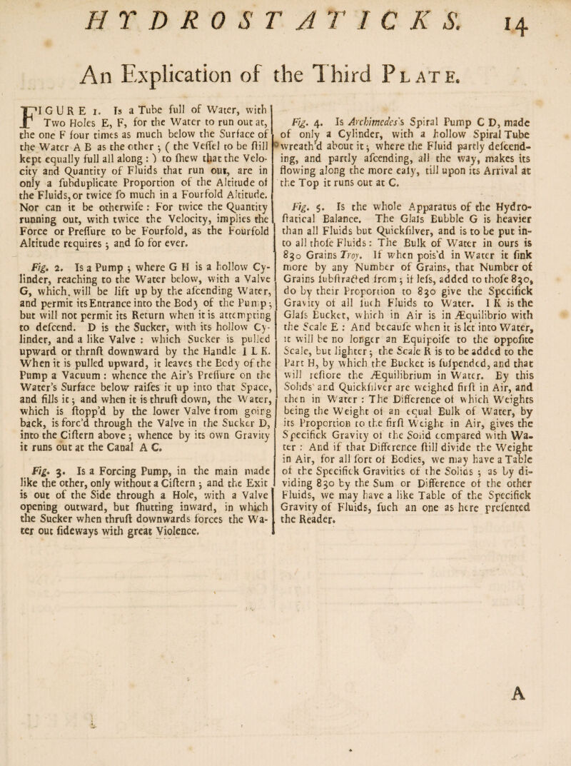 HTDROST A T 1 C K S. 14 An Explication of the Third Plate. FIGURE i. Is a Tube full of Water, with Two Holes E, F, for the Water to run out at, the one F four times as much below the Surface of the Water A B as the other ( the Veffel to be flill kept equally full all along : ) to fhew that the Velo¬ city and Quantity of Fluids that run out, are in only a fubduplicate Proportion of the Altitude of the Fluids,or twice fo much in a Fourfold Altitude. Nor can it be otherwife : For twice the Quantity running out, with twice the Velocity, implies the Force or Preffure to be Fourfold, as the Fourfold Altitude requires ^ and fo for ever. Fig. 2. Is a Pump * where G H is a hollow Cy¬ linder, reaching to the Water below, with a Valve G, which, will be lift up by the afcending Water, and permit its Entrance into the Bod) of the Pump ^ but will not permit its Return when it is attempting to defcend. D is the Sucker, with its hollow Cy¬ linder, and a like Valve : which Sucker is pulled upward or thrnft downward by the Handle ILK. When it is pulled upward, it leaves the Body of the Pump a Vacuum: whence the Air’s Preffure on the Water’s Surface below raifes it up into that Space, and fills it $ and when it is thrufi down, the Water, which is flopp’d by the lower Valve from goirg back, is forc’d through the Valve in the Sucker D, into the Ciftern above $ whence by its own Gravity it runs out at the Canal A C. Fig. 3. Is a Forcing Pump, in the main made like the other, only without a Cittern and the Exit is out of the Side through a Hole, with a Valve opening outward, but fhutting inward, in which the Sucker when thrutt downwards forces the Wa¬ ter out Tideways with great Violence. Fig. 4. Is Archimedes's Spiral Pump C D, made of only a Cylinder, with a hollow SpiralTube 0wreath’d about it-, where the Fluid partly defend¬ ing, and partly afcending, all the way, makes its flowing along the more ealy, till upon its Arrival at the Top it runs out at C. Fig. $. Is the whole Apparatus of the Hydro- flatical Balance. The Glals Eubble G is heavier than all Fluids but Quickfilver, and is to be put in¬ to all thole Fluids: The Bulk of Water in ours is 830 Grains Troy. If when pois’d in Water it fink more by any Number of Grains, that Number of Grains lubflrafted from if lefs, added to thofe 850, do by their Proportion to 830 give the Specifick Gravity of all luch Fluids to Water. IK is the Giafs Eucket, which in Air is in ./Equilibrio with the Scale E : And btcaufe when it islet into Water, it will be no longer an Equipoife to the oppolite Scale, but lighter ^ the Scale R is to be added to the Part H, by which the Bucket is lufpended, and that will reflore the ^Equilibrium in Water. By this Solids ar.d Quickfilver are weighed firtt in Air, and then in Water : The Difference of which Weights being the Weight of an equal Bulk of Water, by its Proportion to the firfl Weight in Air, gives the Specifick Gravity of the Soiid compared with Wa¬ ter : And if that Difference (till divide the Weight in Air, for all fort of Bodies, we may have a Table of the Specifick Gravities of the Solios $ as by di¬ viding 830 by the Sum or Difference of the other Fluids, we may have a like Table of the Specifick Gravity of Fluids, fuch an one as here prelented the Reader.