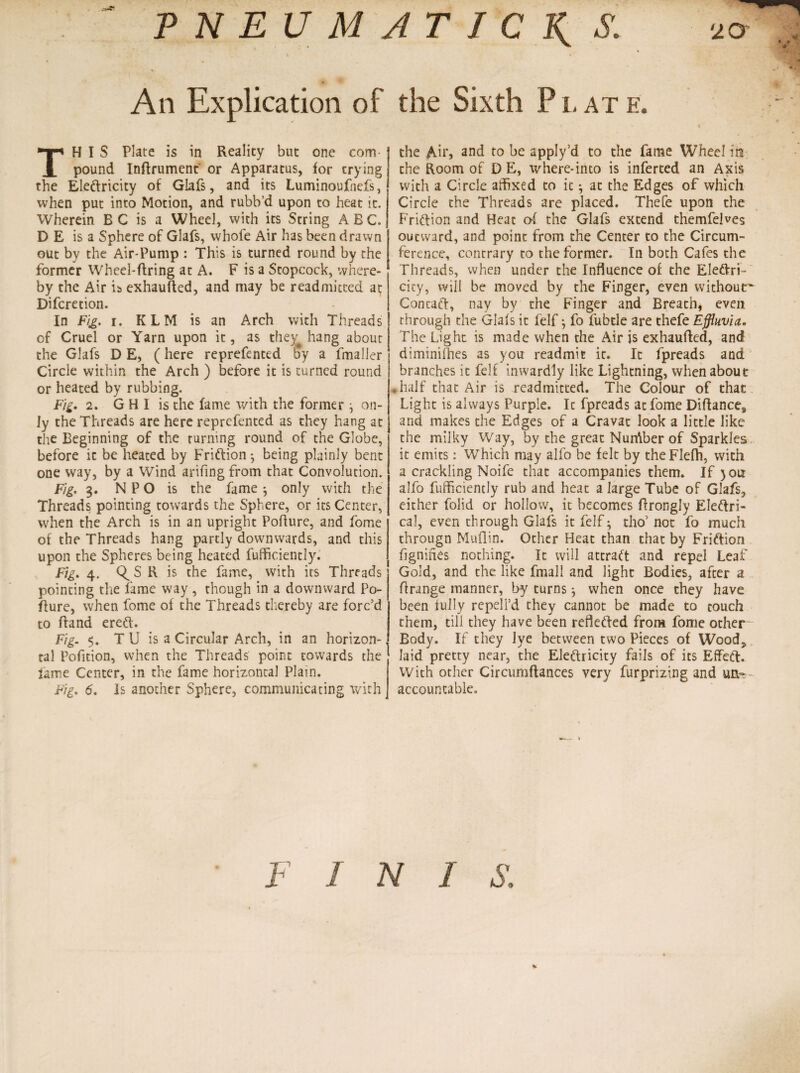 20 PNEUMATIC An Explication of the Sixth P1, at e THIS Plate is in Reality but one com pound Inftrument or Apparatus, for trying the Eleftricity of Glafs, and its Luminoufncfs, when put into Motion, and rubb’d upon to heat it. Wherein B C is a Wheel, with its String ABC. D E is a Sphere of Glafs, whofe Air has been drawn out by the Air-Pump : This is turned round by the former Wheel-firing at A. F is a Stopcock, where¬ by the Air is exhausted, and may be readmitted at Difcretion. In Fig. i. KLM is an Arch with Threads of Cruel or Yarn upon it, as thev hang about the Glafs D E, (here reprefented by a fmaller Circle within the Arch ) before it is turned round or heated by rubbing. Fig. 2. G H I is the fame with the former j on¬ ly the Threads are here reprefented as they hang at the Beginning of the turning round of the Globe, before it be heated by Friftion^ being plainly bent one way, by a Wind arifingfrom that Convolution. Fig. 3. N P O is the fame ^ only with the Threads pointing towards the Sphere, or its Center, when the Arch is in an upright Pofiure, and fome of the Threads hang partly downwards, and this upon the Spheres being heated fufficiently. Fig. 4. Q^S R is the fame, with its Threads pointing the fame way, though in a downward Po¬ fiure, when fome of the Threads thereby are forc’d to Rand erett. Fig. $. T U is a Circular Arch, in an horizon¬ tal Pofition, when the Threads point towards the lame Center, in the fame horizontal Plain. Fig. 6. Is another Sphere, communicating with the Ah'j and to be apply’d to the fame Wheel in the Room of D E, where-into is inferted an Axis with a Circle affixed to it *, at the Edges of which Circle the Threads are placed. Thefe upon the Fri&ion and Heat of the Glafs extend themfelves oueward, and point from the Center to the Circum¬ ference, contrary to the former. In both Cafes the Threads, when under the Influence of the Eleftri- city, will be moved by the Finger, even without' Contaft, nay by the Finger and Breath, even through the Glafs it felf} fo fubtle are thefe Effluvia. The Light is made when the Air is exhaufted, and diminifhes as you readmit it. It fpreads and branches it felf inwardly like Lightning, when about half that Air is readmitted. The Colour of that Light is always Purple. It fpreads at fome Diftance, and makes the Edges of a Cravat look a little like the milky Way, by the great NunVoer of Sparkles it emits: Which may alfo be felt by theFlefh, with a crackling Noife that accompanies them. If )ou alfo fufficiently rub and heat a large Tube of Glafs, either folid or hollow, it becomes ftrongly Eleftri- cal, even through Glafs it felf• tho’ not fo much througn Muflin. Other Heat than that by Fri&ion fignines nothing. It will attract and repel Leaf Gold, and the like fmall and light Bodies, after a ft range manner, by turns} when once they have been fully repeli’d they cannot be made to couch them, till they have been reflected from fome other Body. If they lye between two Pieces of Wood* laid pretty near, the Eleftricity fails of its Effect. With other Circumftances very furpriztng and un¬ accountable. V