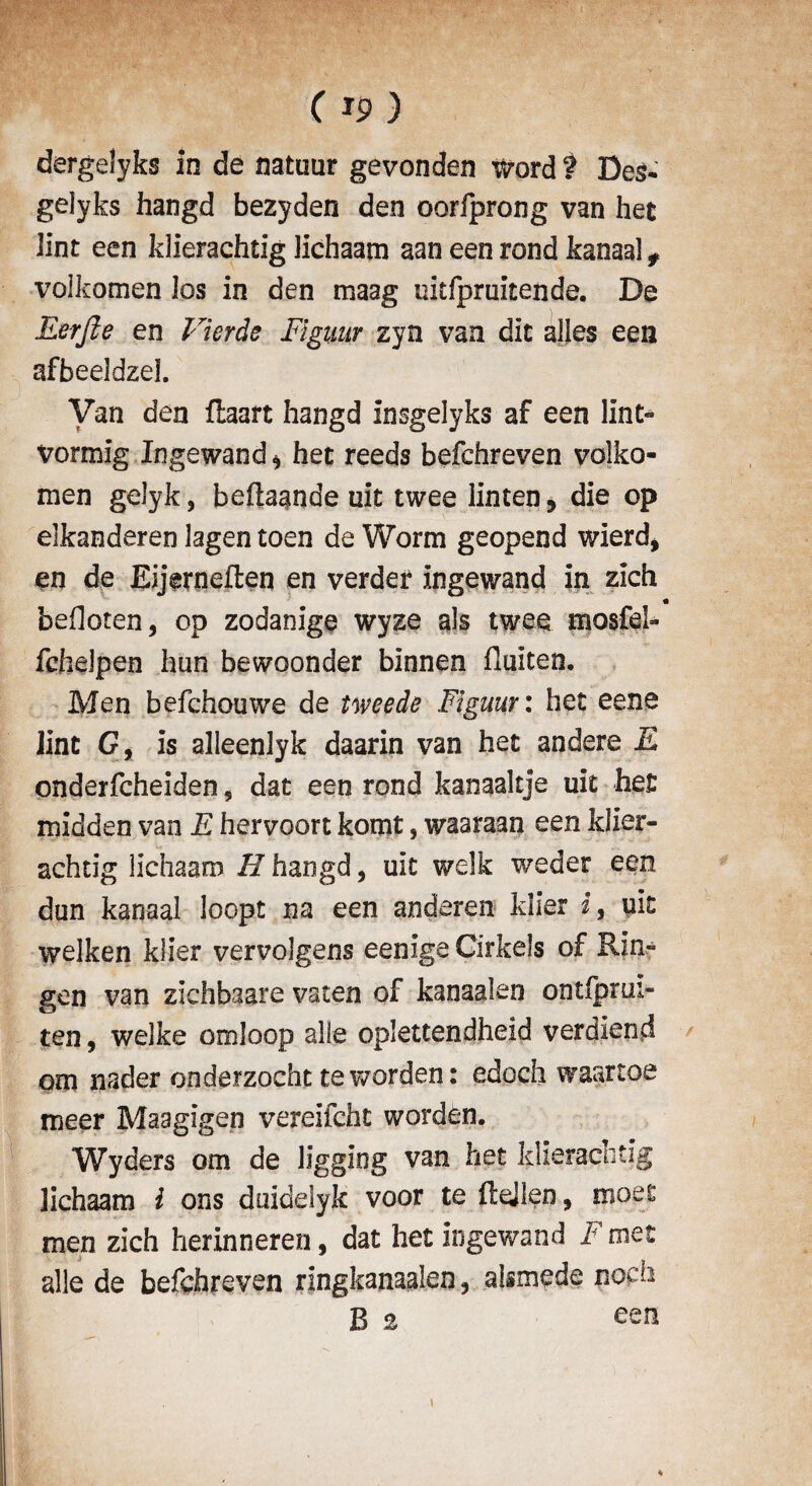 dergelyks in de natuur gevonden Word ? Des- gelyks hangd bezyderi den oorfprong van hec lint een klierachtig Jichaam aan een rond kanaal f volkomen los in den maag uitfpruitende. De Eerfie en Vierde Figuur zyn van die ailes een afbeeldzel. Van den flaart hangd insgelyks af een lint- vormig Ingewand * het reeds befehreven volko¬ men gelyk, beftaande uit twee linten * die op eikanderen lagen toen de Worm geopend wierd, en de Eijerneften en verder ingewand in zlch • befloten, op zodanige wyze als twee mosfel- fchelpen hun bewoonder binnen flulten. Men befehouwe de tweede Figuur: het eene lint Gy is alleenlyk daarin van het andere E onderfeheiden, dat een rond kanaakje uit het midden van E hervoort komt, waaraan een klier¬ achtig lichaaro 11 hangd, uit welk weder een dun kanaal loopt na een anderen Idler i, uit welken klier vervolgens eenige Girkels of Rln- gen van zichbaare vaten of kanaalen ontfprui- ten, welke omloop alle oplettendheid verdiend om nader onderzocht tewarden: edoch waartoe meer Maagigen vereifchc worden. Wyders om de ligging van het klierachtig jichaam i ons duidelyk voor te ftejleo, tnoet men zich herinneren, dat het ingewand ^met alle de befehreven ringkanaalen, alsmede nodi J3 % Cull