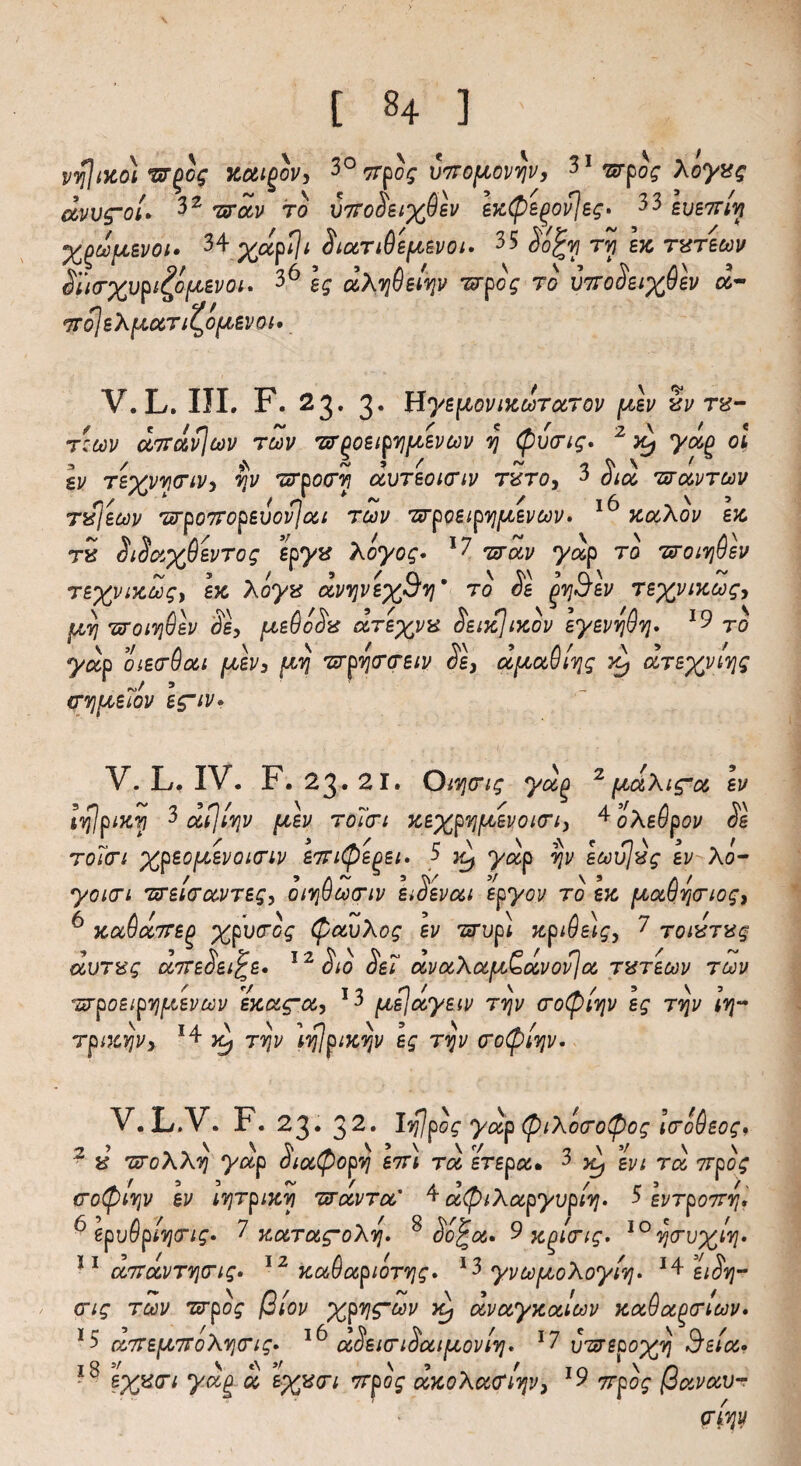 v^jtjtp) '&(>cg Kttigov, 30 Trpog VTro^ovvjv, 31 wpog Xoyvg mvg-ol- 32 r&ocv to wtoosixOsv ex^e^ovjeg- 33 eve?riy X^fttVOl* SlUTlOefXBVOl. 33 So%Yf TYj BX TVTBCOV Si‘i(rxvPl$f*BVOi' 36 eg u'kyfi&qy wpog to mroSeix^w TToleXpcocTi^opcevot* V. L. III. F. 23. 3. HyB^OVlZUTOCTOV [MV VV TV- t:o)V U7rctvlc0V tuv w^oeipTipcevav 7] <pitong. 2 yug oi iv Ts%vy<Tiv3 yv wpocrvi ccvtboictiv tvto, 3 Sia wavToov Tvllcov WOOTTOpeVOvlott TOiV 'GTbOBipvirJLBVOdV' 1^ xaXov ex ~ V * /»' * *' *v' 17 v \ A\ tv oiouxdevTog epyv Xoyog. J wav yccp to woujvev te%vi7i,Zg> lx Xoyv dvyjvexdvj* to SI qvjBbv Texvixcog, fty wotvjQlv Sey [jlb&oSv drexw Setxjtxov lyevqdvj. *9 to yap otetrSat julv, (*y wpr\(rcreiv SI, aptaStvig aTexytyg ~/ > _ irvjpeiov eg~tv* V. L. IV. F. 23* 21. Otfjortg yccQ 2 fic&X 1 £cc ev IjlptKV 3 atjtvjv [/.ev ToTart xexpyjjUBi>okti3 ^ixtSfoV si ~ ' » ,*/ C \ \ A * n \ * . t touti xpeoptevoicriv BTTiCpepei* -> 3^ yap tjv eav/vg ev X0- weicravTegy otv}uco(Tiv etoevai epyov to ex ptoctlrjo-iog, ^ xcc6cc7re^ %pu(ro^ (pavXog ev wupi xpt0atgy ? Totvrvg dvTvg dnreSet^e* 12 Sio Set avaXuf/,£dvovja tvtbuv tuv wpoeipqptsvav exag~ay 13 [/.ejayeiv tS\v cto^itjv eg Tvjv Irj- Tptxvjvy 14 ySf Tvjv iq]ptxSjv eg Tyv (rotytqv* V.L.V. F. 23* 32. I'SIpog ydp (ptXocro(pog Icro&eog* 2’ X<y <7 \ V V \ - v woXXv] yap otocCpopvi eort toc erepa*, 5 X) evt to, Trpog (To(pl7]V ev IVjTptKYI WaVTa' 4 OC^lXocpyvptVJ* 3 EVTp07T7J. 6 epvOpivjorig. 7 xcltct^oXy, 8 Sc^u. 9 x()Krig. I0^cru%iV 21 a,noLVTv\<Tig» 12 xu&upioTvig* 13 yvcofxoXoyivj* *4 eiSv)- crtg tmv Tirpog (Slov XW^^v ccvocyxotloov xa.6oc^crluv» 13 a.7re[X7roXYjTig» uSettriSuifioviyi* l7 v'srepoxy Sum- expm yag oc vrpog uxoXccffivjVy l9 irpog (ia.va.v-r (TkVJU