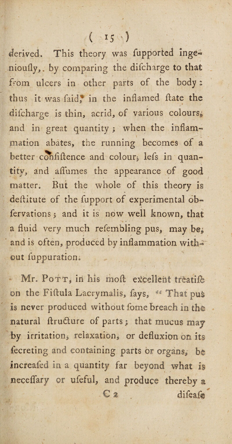 ( i5'v) ; derived. This theory was fupported Inge** nioufly,. by comparing the difcharge to that from ulcers in other parts of the body: thus it was faidj* in the inflamed date the _ • difcharge is thin, acrid, of various colours^ and in great quantity ; when the inflam- \ mat ion abates, the running becomes of a better confidence and colour* lefs in quan¬ tity, and a flumes the appearance of good matter* But the whole of this theory is deftitute of the fupport of experimental ob« fervations * and it is now well known, that a fluid very much refembling pus, may be* £ » * * and is often, produced by inflammation with- out luppuration* Mr. Pott, in his mod excellent trtatift on the Fiftula Lacrymalis, fays, ** That pu^ is never produced without fome breach in the natural drudture of parts; that mucus may by irritation* relaxation* or defluxion on its fecreting and containing parts or organs, be increafed in a quantity far beyond what is neceffary or ufeful, and produce thereby a | -Gl . difeaft