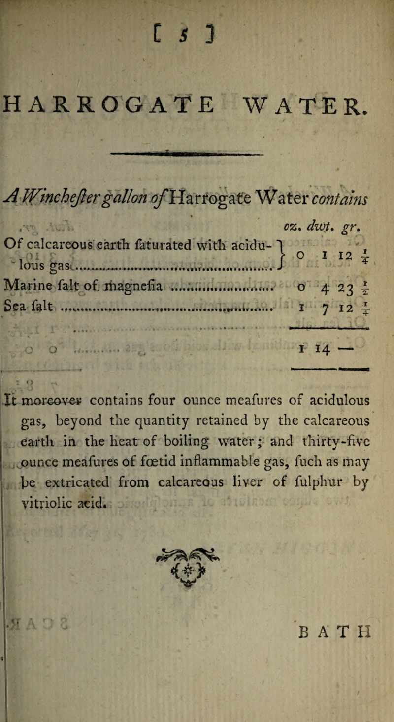 HARROGATE WATER. A Wincheflergallon ^Harrogate Water contains . cz, dwt, gr. Of calcareous earth faturated with acidu- . r ions gaSv >us earth faturated with acidu- 1 } 0 I 12 ^ Marine fait of. magnelia ... o 423- Sea fait ...... 1 7 12 i o o .. I 14 — I <) It moreover contains four ounce meafures of acidulous gas, beyond the quantity retained by the calcareous ! earth in the heat of boiling water; and thirty-five ounce meafures of foetid inflammable gas, fuch as may be extricated from calcareous liver of fulphur by vitriolic acid. cr A rv o BAT II