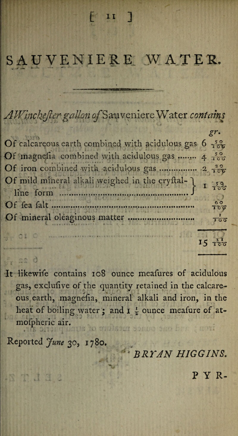 SAUVENIE R E W A T E R. AWincheJler gallon c/'s auveniere Water contains gr. ' : ft Of calcareous earth combined with acidulous gas 6 Of magneha combined with acidulous gas.. 4 * t • • ’ ’ * Of iron combined v/ith acidulous gas.. 2 -rsy Of mild mineral alkali weighed in the cryftal- 1 line form .J line form Of fea fait Of mineral oleaginous matter A 100 ) J50 107 I i ao’ 11 1 « ■ » t < l I < -3JL x j 100 It likewife contains 10B ounce meafures of acidulous gas, exclulive of the quantity retained in the calcare¬ ous earth, magneha, mineral alkali and iron, in the heat of boiling water; and 1 \ ounce meafure of at- mofpheric air. Reported June 30, 1780. •, BRYAN HIGGINS. jiH* % ll I # ' >•» - t PYR.