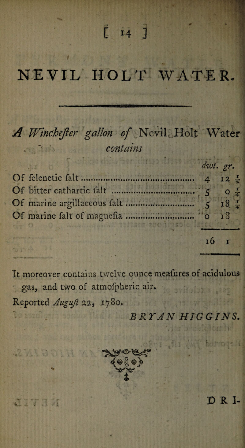 ' - ■ • C 14 3 » j t NEVIL HOLT WATER. • v » r A Winchejler gallon of NeviL Holt Water contams Of felenetic fait. Of bitter cathartic fait . Of marine argillaceous fait ... Of marine fait of magnelia ... dwt. gr. 13 16 1 It moreover contains twelve ounce meafures of acidulous • gas, and two of atmofpheric air. Reported Augujl 22, 1780. BRYAN HIGGINS. ... ; . i D R I-