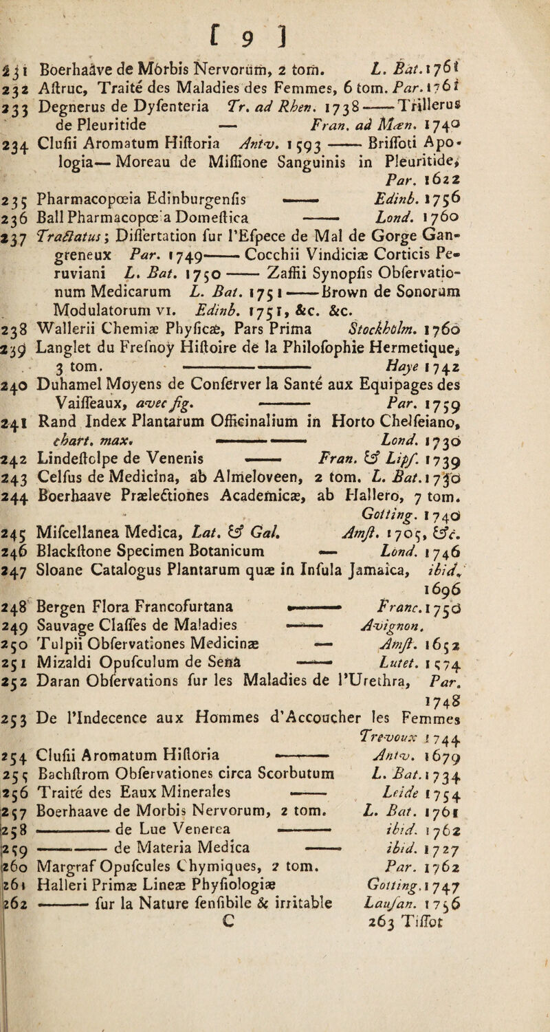 ^ j I Boerha^ve de M6rbis Nervorum, 2 torn. L. Bat. 176^ 232 Aftruc, Traite des Maladies des Femmes, 6 tom. Par. 1761 233 Degnerus de Dyfenteria Tr.adRhen. 1738--TnBeruS de Pleuritide — Fran, ad Man. 1740* 234 Clulii Aromatum Hiftoria Ant<v. 1 593-BrilToti Apo¬ logia— Moreau de Mifllone Sanguinis in Pleuritide^ Par. 1622 235 Pharmacopoeia Edinburgenfis —— Edtnb.\7^(> 236 Ball Pharmacopoeia Domeftica —— Land. 1760 237 Trablatus’j Difl’ertation fur I’Efpece de Mai de Gorge Gan- greneux Par. 1749-Cocchii Vindiciae Corticis Pe» ruviani L. Bat. 1750-Zaffii Synoplis Obfervatio- num Medicarum L. Bat. 175 1-Brown de Sonoram Modulatorum VI. Edinb. ty^i,&c. &c. 238 Wallerii Chemiae Phyficae, Pars Prima Stockholm. 1760 235i Langlet du Frefnoy Hiftoire de la Philofophie Hermetique^ 3 tom. -- -■' — ^^’^1742 240 Duhamel Moyens de Conferver la Sant^ aux Equipages des VailTeaux, awe Jig. -- Par. 1739 241 Rand Index Plantarum Offieinalium in Horto CheJfeiano, chart, max. — .. Lond. 1736 Lindeftclpe de Venenis — Fran. lA Lip/. 1739 Celfus de Medicina, ab Almeloveen, 2 tom. L. Bat.i/^o Boerhaave Praeleftiones Acadefnicse, ab Hallero, 7 tom. Got ting. 1740 245 Mifcellanea Medica, Lat. Gal, Amji, 1703, ^ffr. 246 Blackftone Specimen Botanicum •— Lbnd. 1746 247 Sloane Catalogus Plantarum qua* in Infula Jamaica, ibidy 1696 248 Bergen Flora Francofurtana » * Franc. 249 Sauvage Clafles de Maladies —A-vignon. 250 Tulpii Obfervationes Medicinae — Amjl. 1652 251 Mizaldi Opufculum de Sena —^ Lutet. i(;74 252 Daran Obfervations fur les Maladies de PUrethra, Par. 1748 253 De PIndecence aux Hommes d’Accoucher les Femmes Tre-voux 1744 254 Clufii Aromatum Hilloria ^—-— 253 Bachftrom Obfervationes circa Scorbutum 256 Traire des Eaux Minerales —— Boerhaave de Morbis Nervorum, z tom. — -de Lue Venerea - • — — -de Materia Medica - 242 243 244 Margraf Opufcules Chymiques, 2 tom. Halleri Primae Lineae Phyfiologiae --fur la Nature fenfibile & irritable C Ant^v. 1679 L. Bat. 1734 Le.ide 1754 L. Bat. 1761 ibtd. ibid. 1727 Par. 1762 Getting. I 747 Lau/an. 1736 263 TilTot