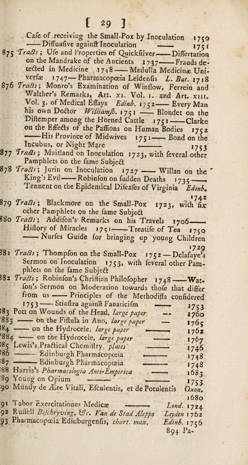 Cafe of receiving the Small-Pox by Inoculation 1750 —Diffuafive againft Inoculation ——— 1751 S75 ‘Tra/^s; Ufe and Properties of ^ickfilver—DilTertation on the IMandrake of the Ancients 1757“——Frauds dc* teded in Medicine 1748-Medulla Medicine Uni- verfe 1747—Pharmacopoeia Leidenfis L.Bat.iyi^ 876 TraBs', Monro’s Examination of Window, Ferrein and Walther s Remarks, Art. xi. Vol. i. ^nd Art. xiir. Vol. 2. of Medical Edays Edinb, 17^2— Every Man his own Doftor Williamjh, 1751 ~ Blondet on the Diftemper among the Horned Cattle 1751-Clarke on the Effedls of the Paflions on Human Bodies 1752 —His Province of Midwives 1751-- Bond on the Incubus, or Night Mare _ 175^ 877 Maitland on Inoculation 1723, with feveral other Pamphlets on the fame Subjeft 878 TraBs ^ Jurin on Inoculation 1727 —^ Willan on the ’ King’s Evil-Robinfon on fudden Deaths 1735__ Tennent on the Epidemical Difeafes of Virginia Edinh. 1742 879 TraBs; Blackmore on the Small-Pox 1723, with fix ■ other Pamphlets on the fame Subjedl 880 TraBs ; Addifon’s Remarks on his Travels 1706— Hiftory of Miracles 175!-^Treadfe of Tea 175Q — Nurfes Guide for bringing up young Children 1729 381 TraBs; Thompfon on the Small-Pox 1752 — Delafaye’s Sermon on'Jnoculation 1753, with feveral other Pam¬ phlets on the fame Subjeft 382 TraBs; Robinfon’s Chriftian Philofopher 1748_Wat- fon’s Sermon on Moderation towards thofe that differ from us-Principles of the Methodifts confidered 1753-Stinfira again'ft Fanacicifm 183 Pott on Wounds of the Head, large paper — 883 — on the Fiftula in Ano, large paper — 184 -on the Hydrocele, large paper — ‘884 - on the Hydrocele, large paper — — 185 Lewis’s Praflical Chemidry, plates —_ !86 — -Edinburgh Pharmacopoeia 187 — —.. Edinburgh Pharitjacopceia 88 Harris’s Pharmacologia Anti-Etnpiricu ■. . .. 89 Young on Opium 1753 1760 1765 1762 1767 1746 1748 174S 1683 _ * *753 90 Mundy de ^re Vitali, Efculentis, et de Potulentis Oxon^ 91 J abor n.xercitatlones Medicse 92 Ruffeli Bejchry^ing, fffr. Van de St ad Aleppo Pharmacopoeia Edinburgenfis, chart, max. Land. 1724 Leyden 1762 Edinb. 1756 894 Pa-