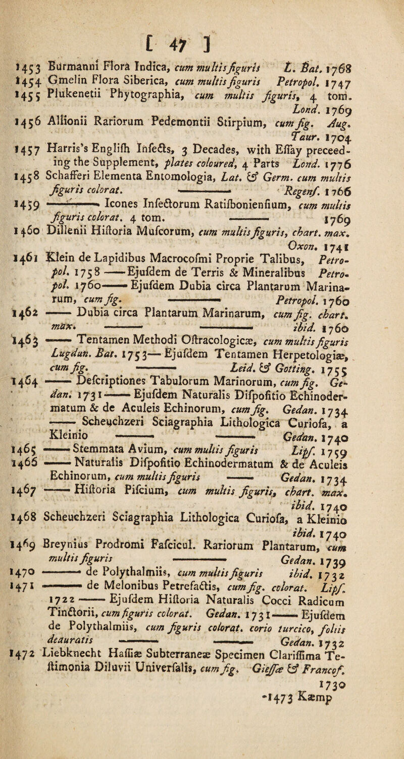 145 3 Burmanni Flora Indica, cum muliisjiguris L, ^at, 1768 I434 Gmelin Flora Siberica, cum multisJiguris Petropol, 1747 1455 Plukenetii Phytographia, cum multis jiguris^ 4 torn. Lond, 1769 1456 Allionii Rariorum Pedemontii Siirpium, cum Jig. Aug. Taur, 1704 1457 Harris’s Englilh Infers, 3 Decades, with ElTay preceed- ing the Supplement, plates coloured, 4 Parts Lend. lyjS 1458 Schafferi Elementa Entomologia, Lat. Cff Germ, cum multis Jiguris color at. ... Pegenf. I 766 145P — „ leones Infedlorum Ratilbonienfium, cum multis Jiguris color at. 4 tom. -- 1769 1460 Dillenii HiHoria Mufeorum, cum multis Jiguris, chart, max. Oxon. 1741 1461 JCIein de Lapidibus Macrocofmi Proprie Talibus, Petro- pol. 1758-Ejufdem de Terris & Mineralibus Petro^ poi. 1760—Ejufdem Dubia circa Plantarum Marina- rum, cum fig. ' • Petropol. 1760 146a -Dubia circa Plantarum Marinarum, cum Jig. chart. max * ■“ ■' —- ... ibid. 17 60 ■1463 — Tentamen Methodi Oftracologicae, cum multis Jiguris Lugdun. Bat. 1753—Ejufdem Tentamen Herpetologise, cum Jig. Leid. lA Getting. 1755 1464 — Deferiptiones Tabulorum Marinorum, cum fig. Ge- dan. 1731—Ejufdem Natufalis Difpofitio Echinoder- matum & de Aculeis Echinorum, cum Jig. Gedan. 1734 - SchcMchzeri Sciagraphia Lithologica Curiofa, a Kleinio —-- • -- Gedan. 1740 1465 ——Steramata Avium, cum multis Jiguris ^IpJ ^759 1466 — Naturalis Difpofitio Echinodermatum & de Aculeis ^c^\XiQiX\xm, cum multis Jiguris —— Gedan. 1467 — Hifioria Pifeium, cum multis Jiguris^ chart, max. ibid, 1740 1468 Scheuchzeri Sciagraphia Lithologica Curiofa, a Kleinio ibid, 1740 14^9 Breynius Prodromi Fafcicul. Rariorum Plantarum, cum multis Jiguris ^ - Gedan. 1739 1470 —— de Polythalmiis, ewn multis Jiguris ibid. 173 2 1^71 — de Melonibus Petrefadis, cum fig. colorat. Lipf. 1722-Ejufdem Hifioria Naturalis Cocci Radicum Tinftorii, cumfiguris colorat. Gedan. 1731—— Ejufdem de Polythalmiis, cumfiguris colorat. corio turcico, folds deauratis '■  Gedan. 1732 1472 Liebknecht Haffise Subterrane^ Specimen Clariflima Te- fiimonia Diluvii Univerfalis, cum fig. Giejfe lA Franco/. 1730 -1473 Ksemp